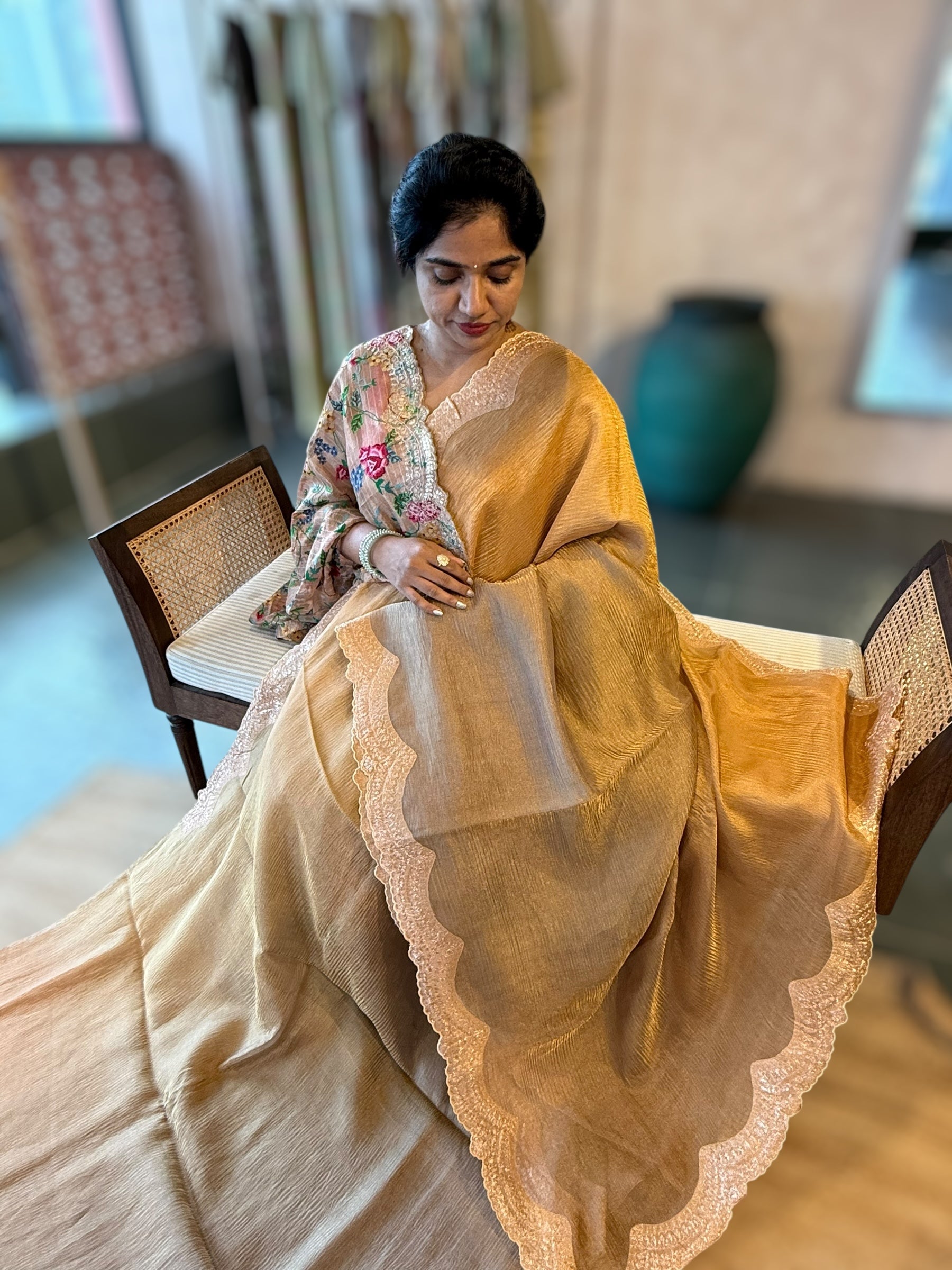 Ombre Dyed Crush Tissue Saree With Pitawork Border & Petite Point Embroidered BP