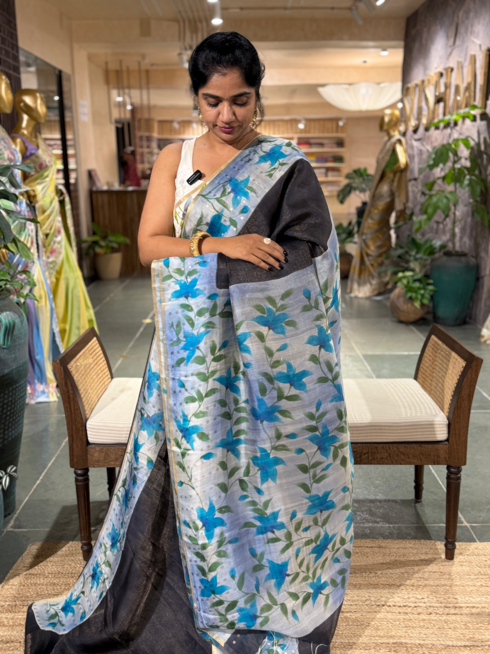 Black Tussar Kota Tissue Saree with Handpainted Muslin Border and Pallu