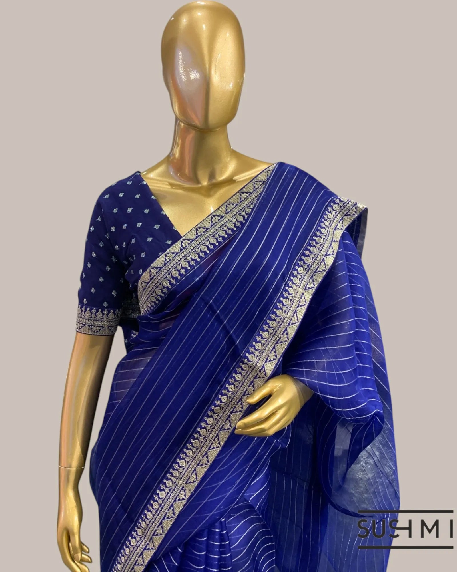 Royal Blue Organza Saree with Zari stripes Hemlined with sabhyasachi border and
