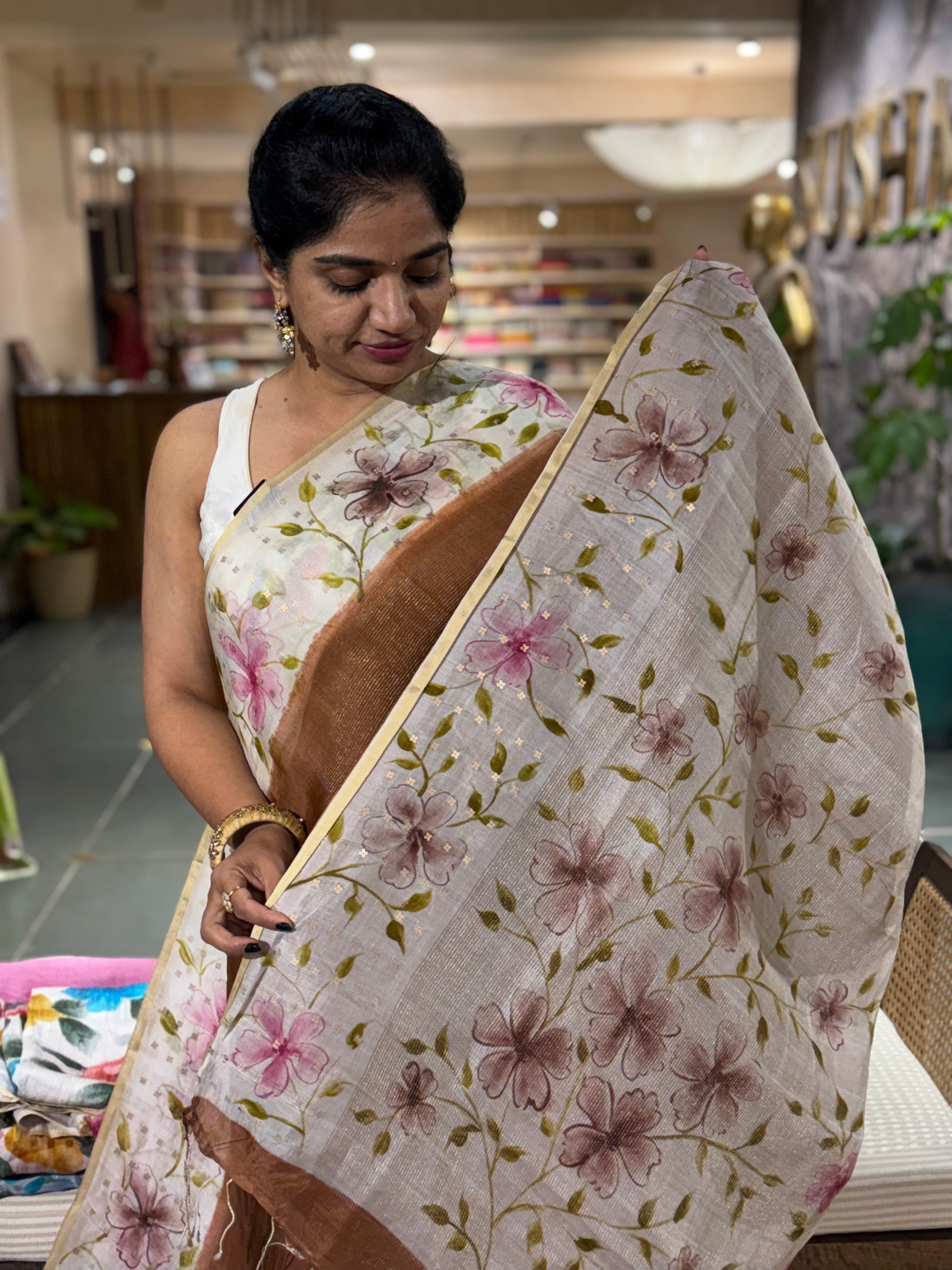Brown Tussar Kota Tissue Saree with Handpainted Muslin Border and Pallu