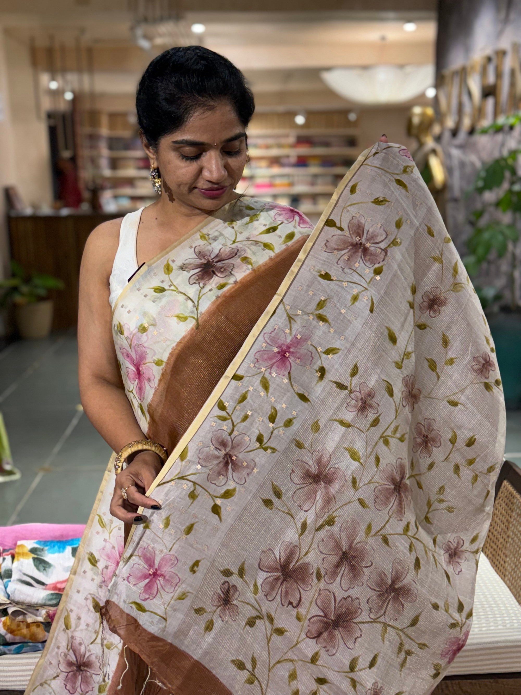 Yellow Tussar Kota Tissue Saree with Handpainted Muslin Border and Pallu