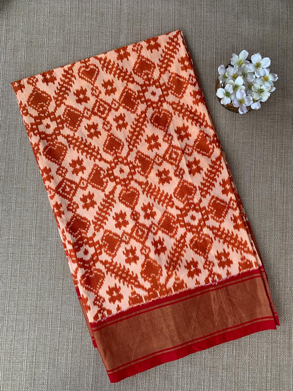 Pure Handloom Twill Ikkath Patola Saree With Khaddi Border & Handwork Blouse