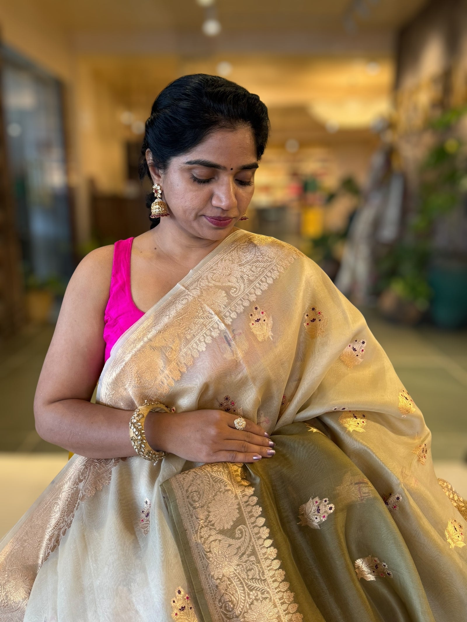 Olive Shaded Premium Kora Banarasi Saree with Allover Meenakari Kaduwa Motifs