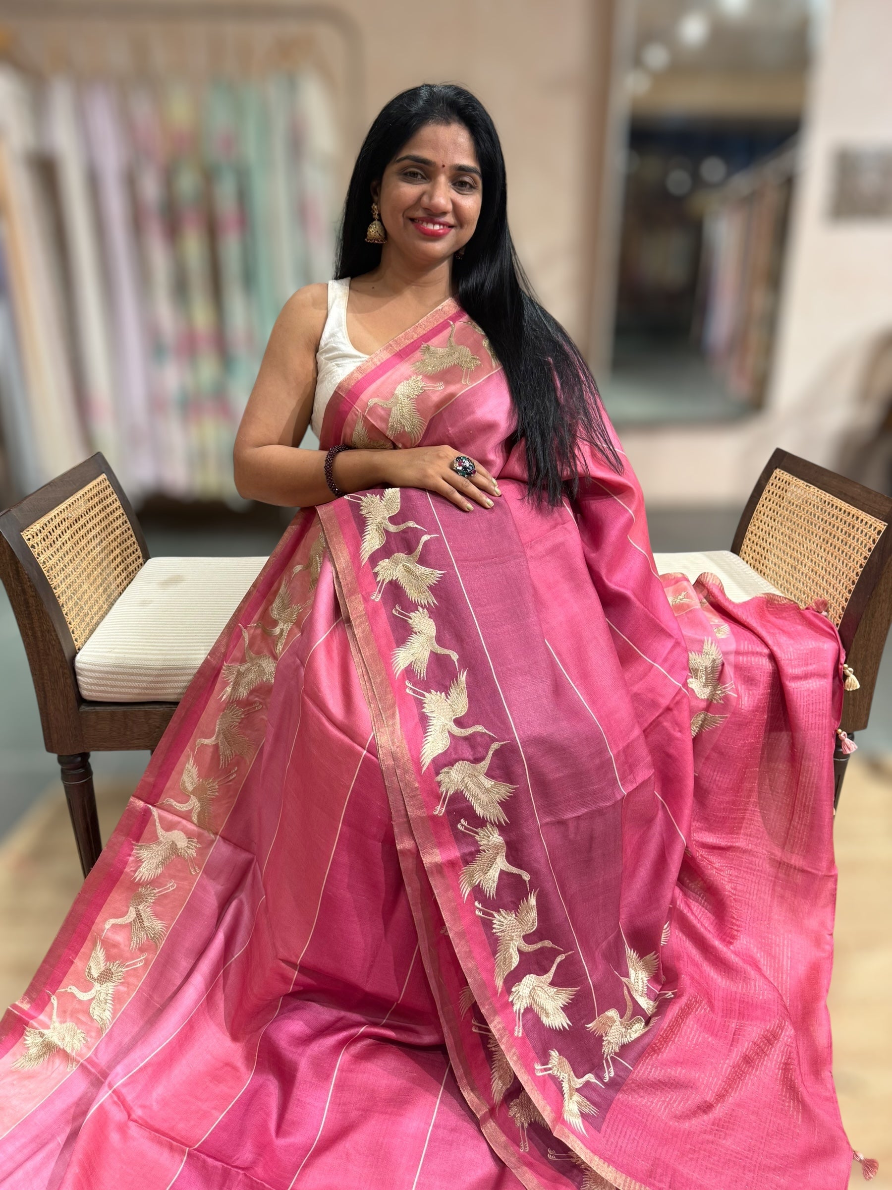 Tussar Rangkaat Saree With Crane Embroidered Border