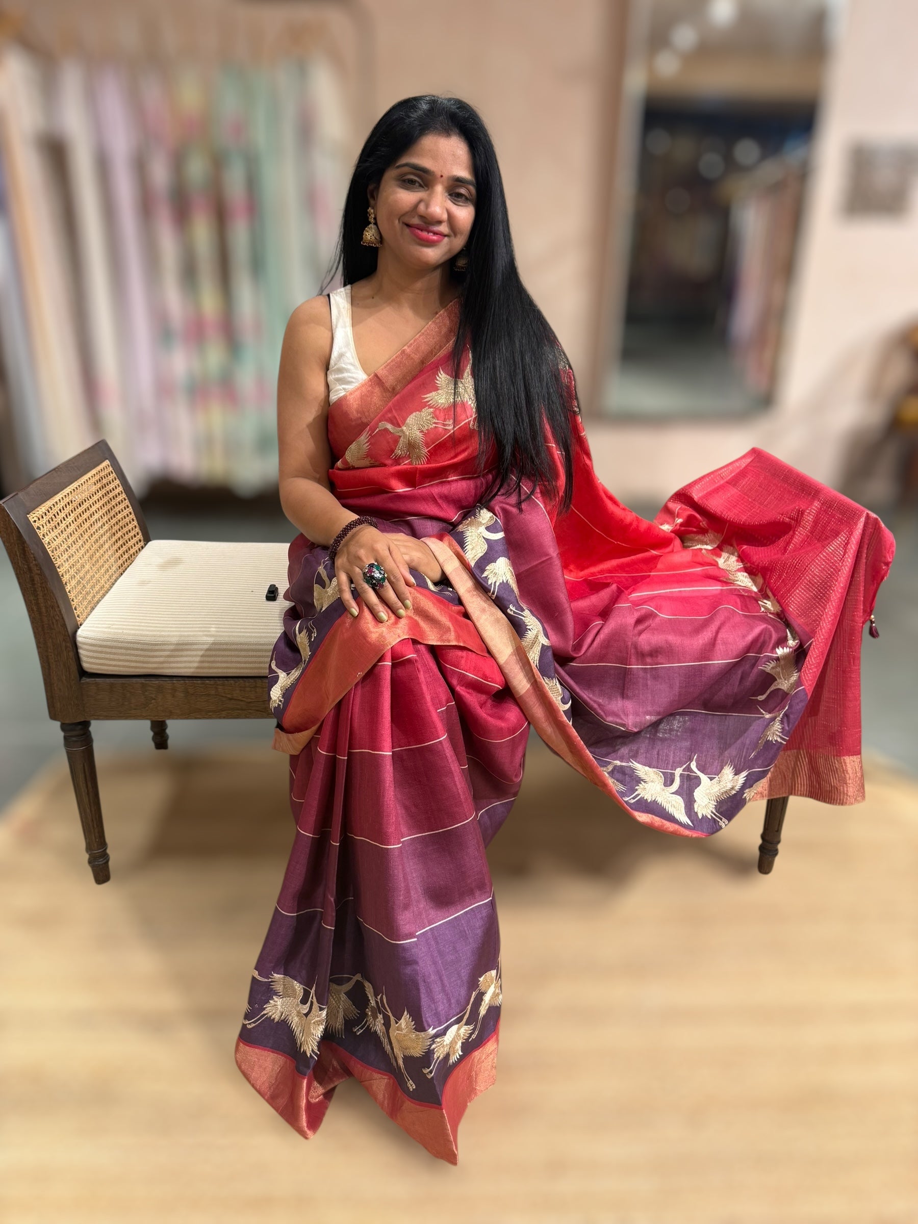 Tussar Rangkaat Saree With Crane Bird  Embroidered Border