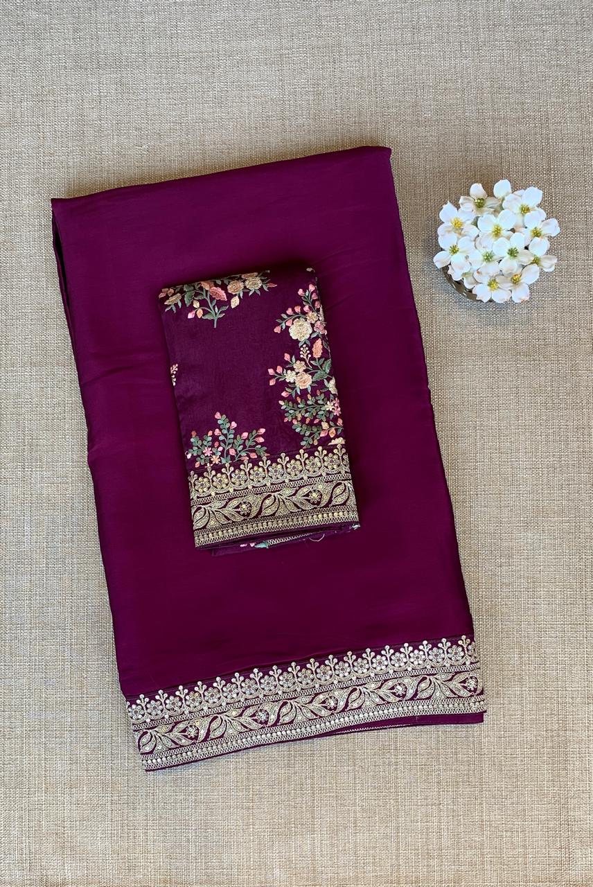 Wine Pure Satin Silk Saree With Sabhya Borders & Allover Emb Blouse