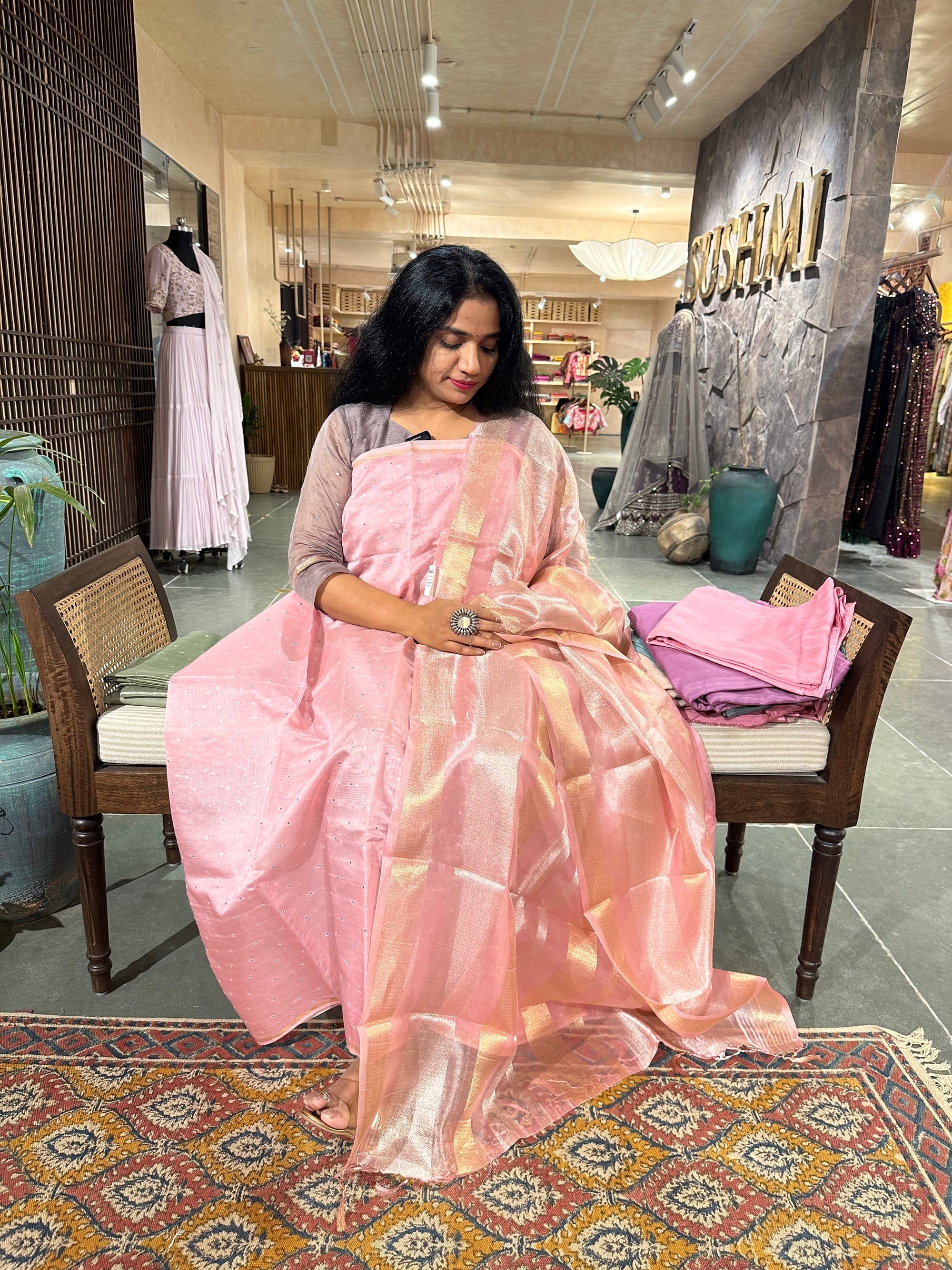 Pastel Pink  Pure Handloom Chanderi silk mirrorwork 3-pc suit set