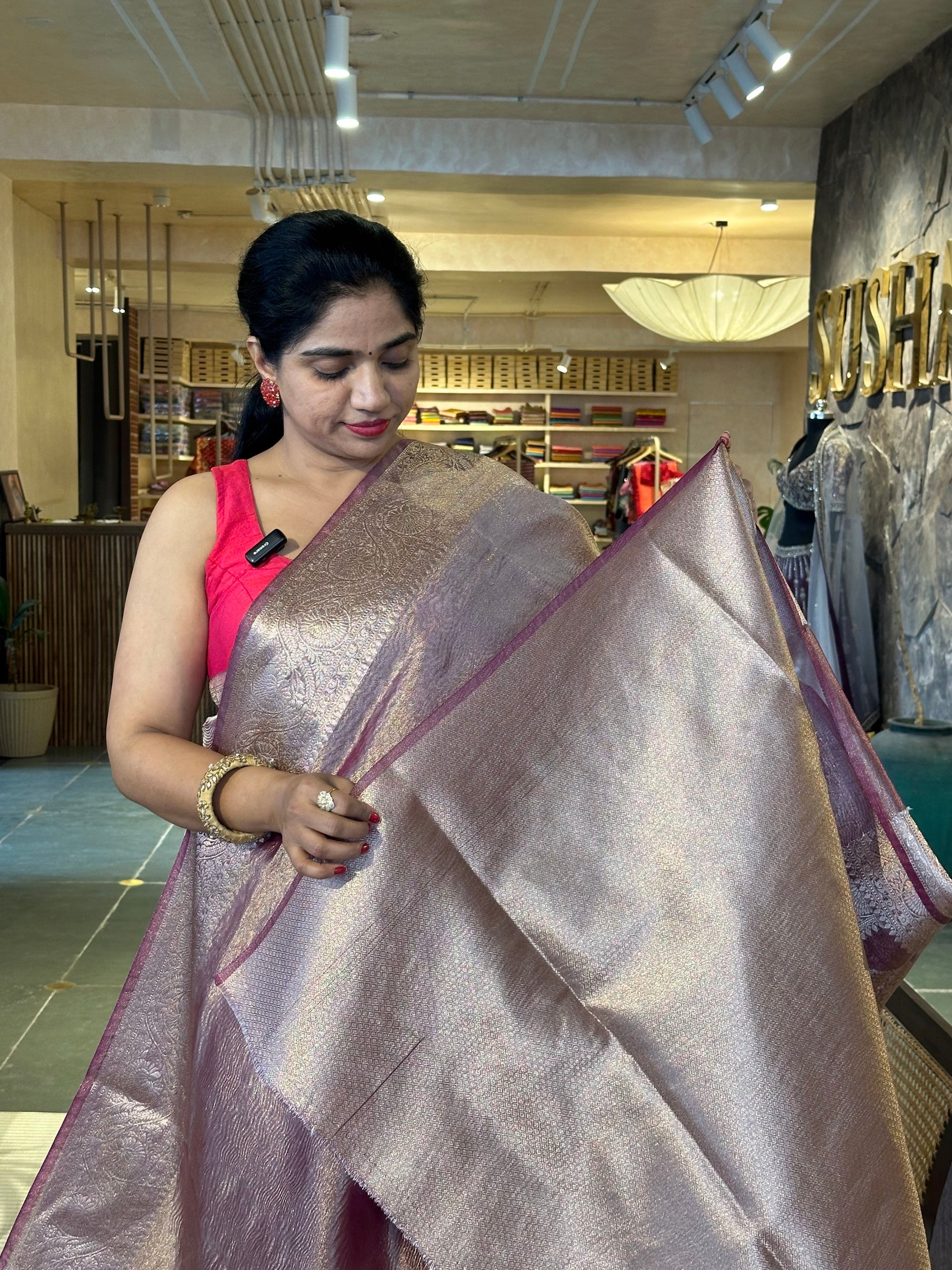 Wine Crush Tissue Saree with traditional and embroidered borders
