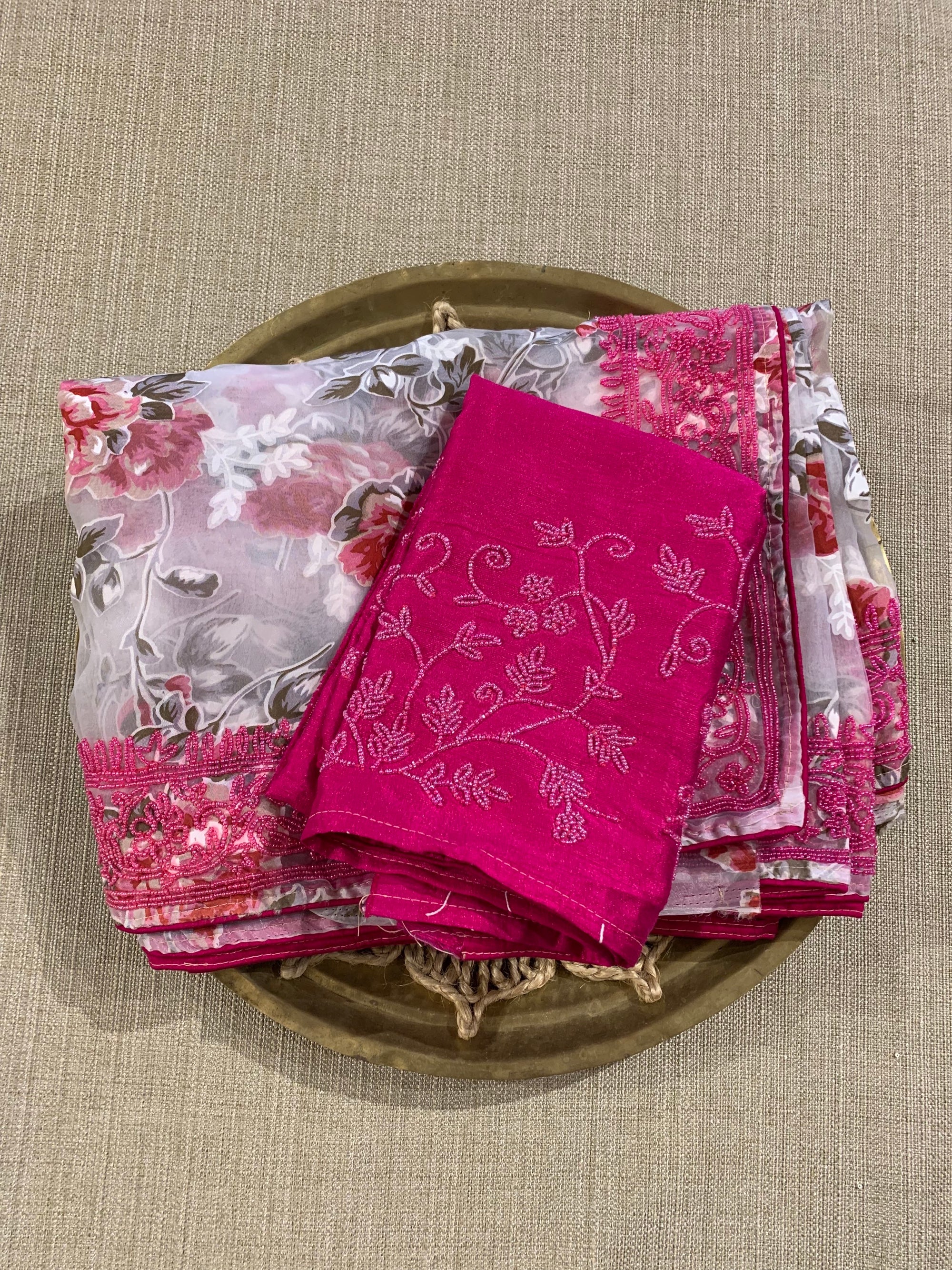 Glass Organza Floral printed Saree with heavy beadwork border and blouse
