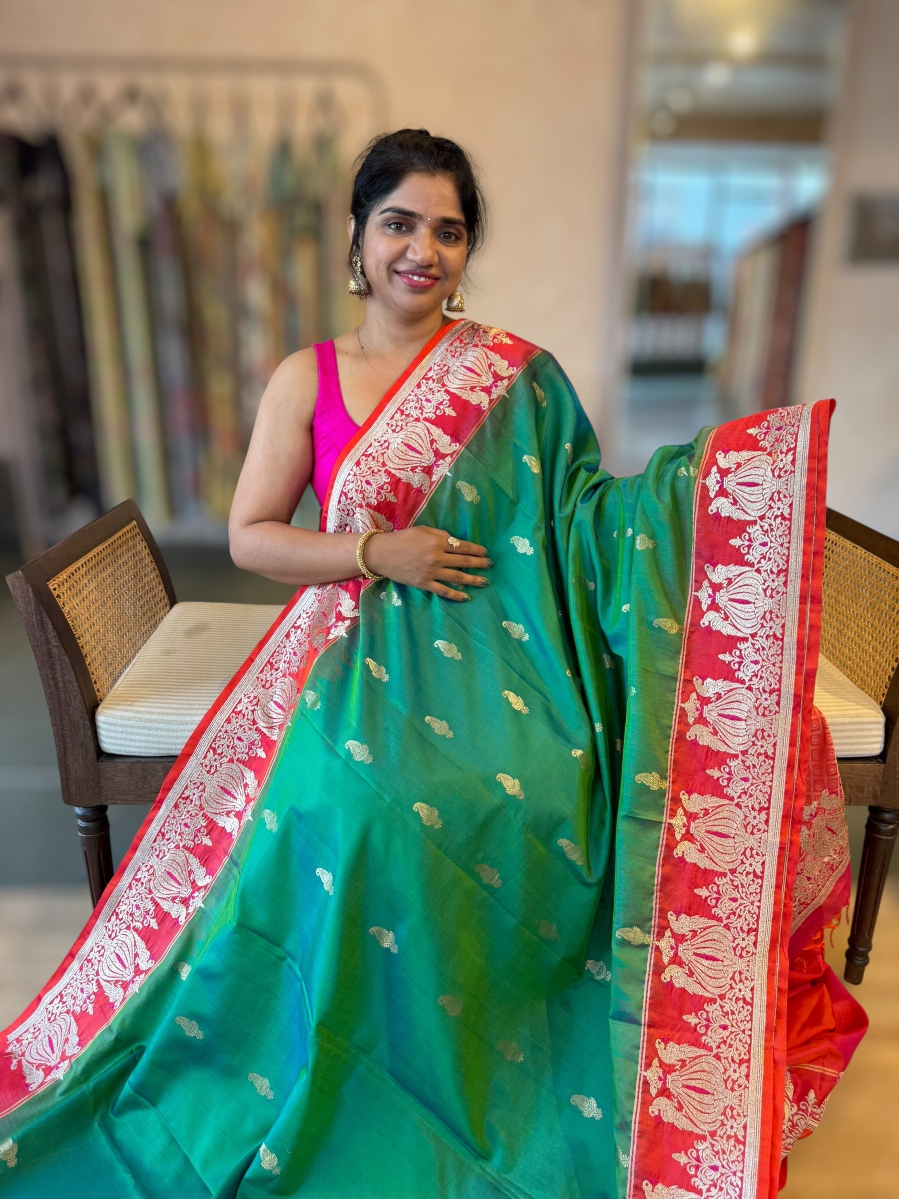 Emerald Green Kanchi Silk Saree in With Zari Meenakari Embroidered Border