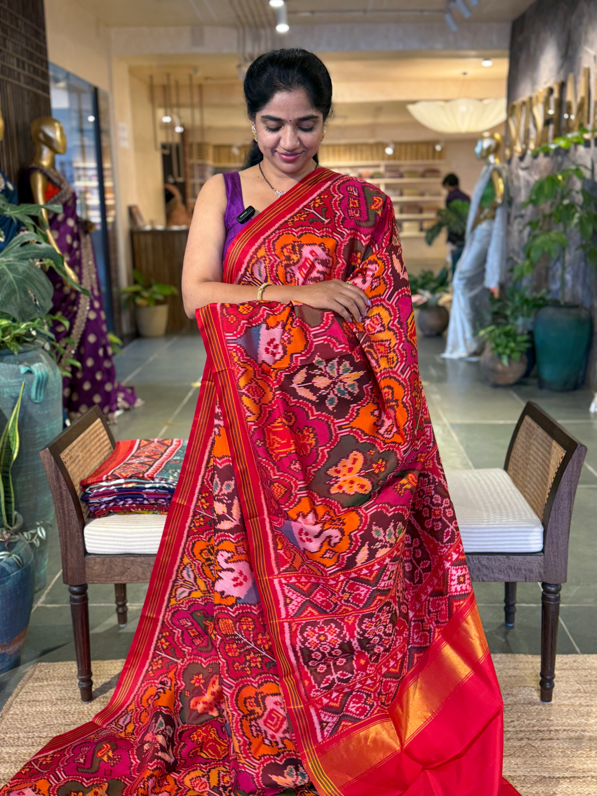 Orange , Red & yellow Combo Pure Patan Patola Saree With Allover Creeper Design