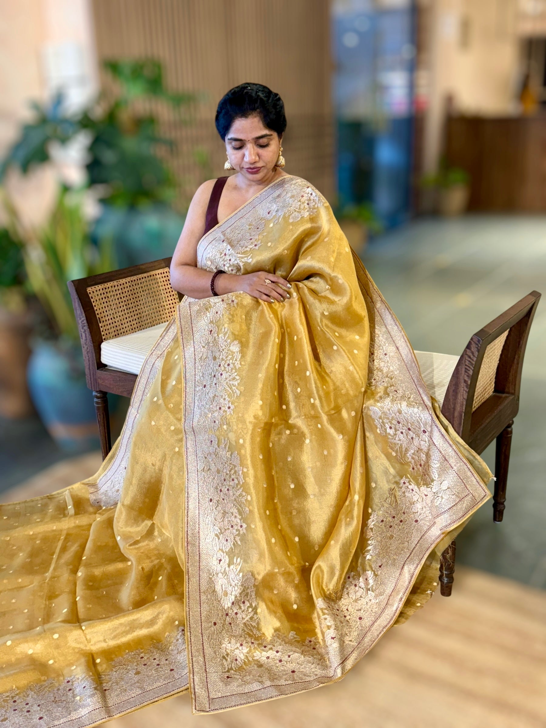 Yellow Banarasi Tissue Saree With Heavy Tissue Embriodered Border & Stripes BP