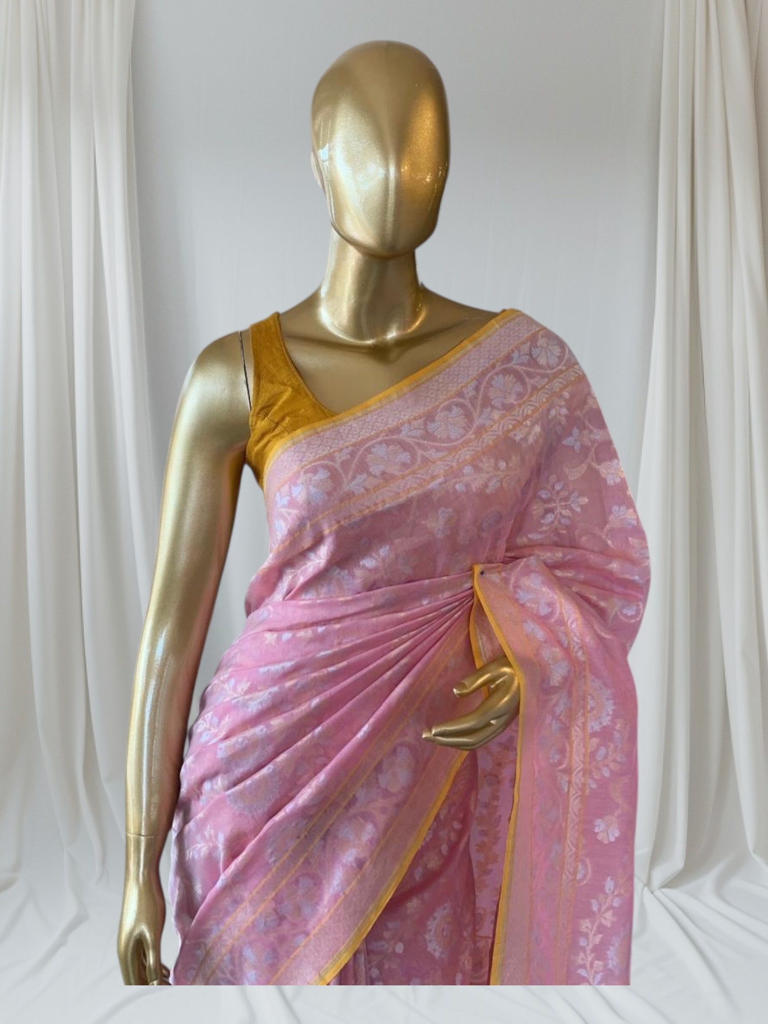 Pastel Pink Banarasi Handloom Cotton  Cut Jamdani Saree With Allover Meenakari