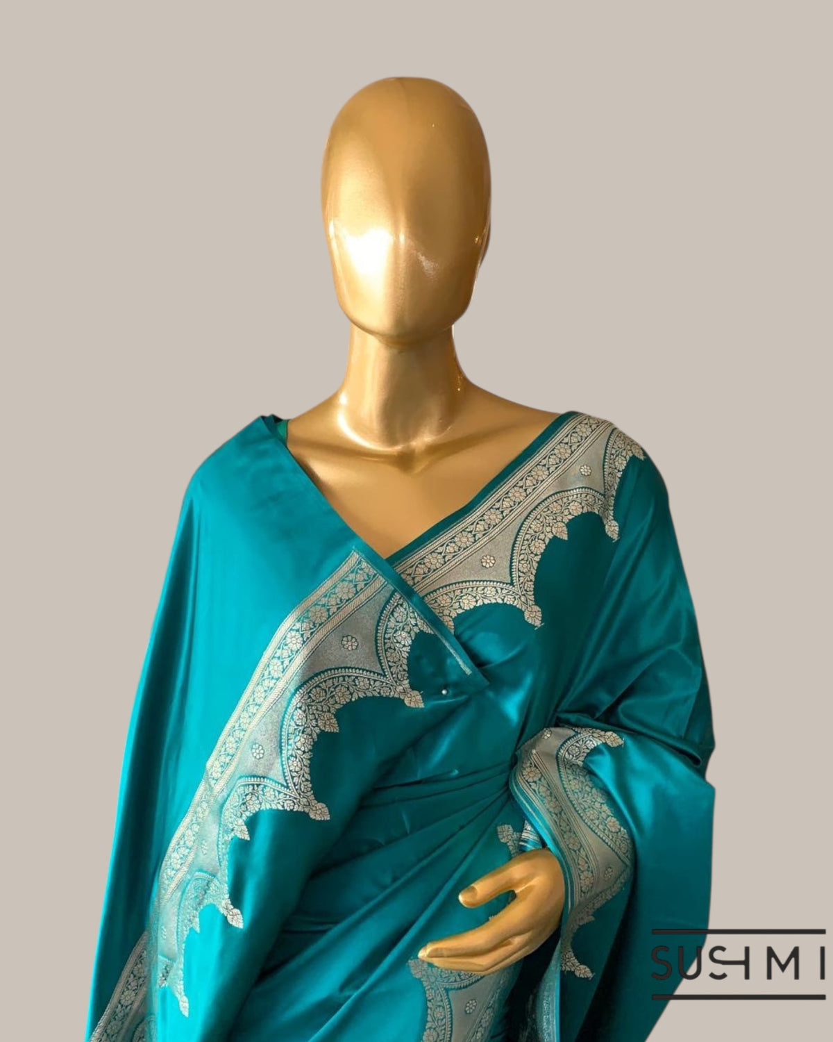 Peacock Blue Mashru Silk Saree With Scalloped Border