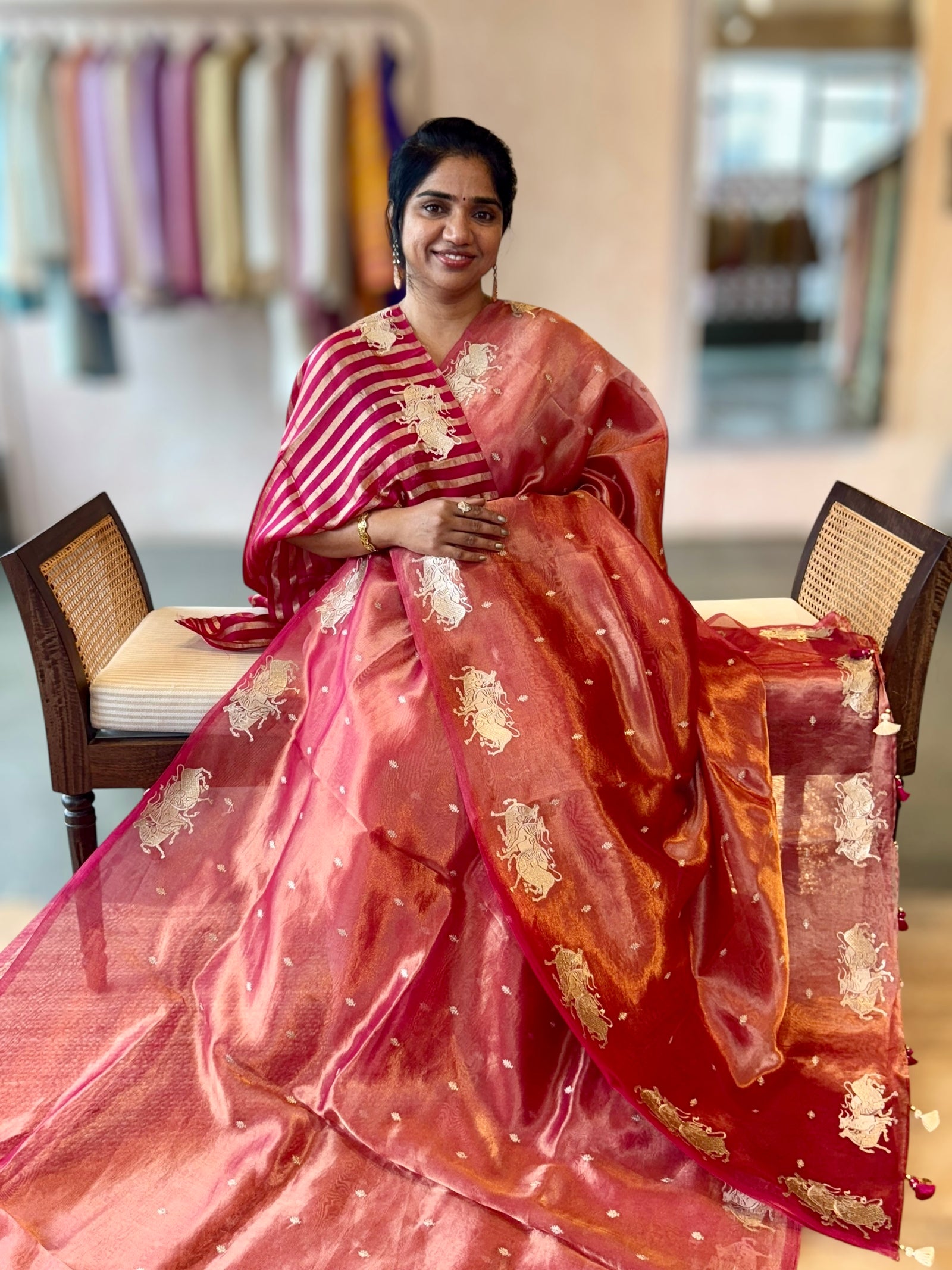 Pink Handloom Tissue Saree wth Nandi Embroidered Border & Stripes Tissue BP