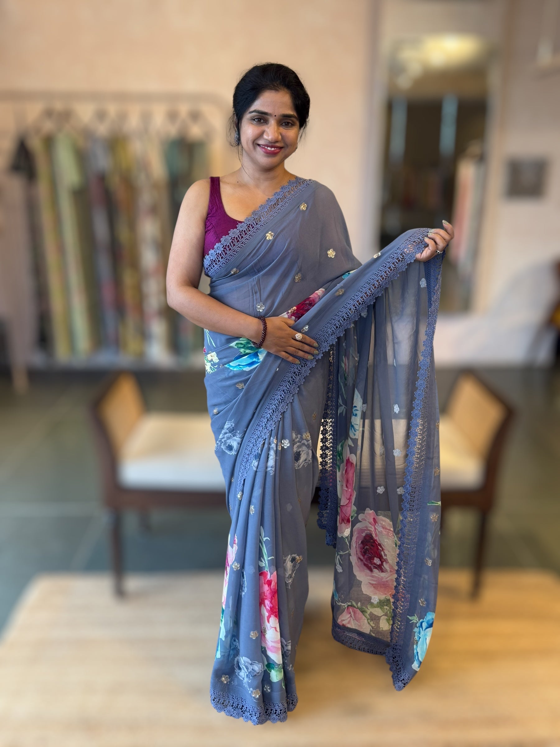 Greyish Blue Floral Gorgette Saree with Allover Sequence Floral