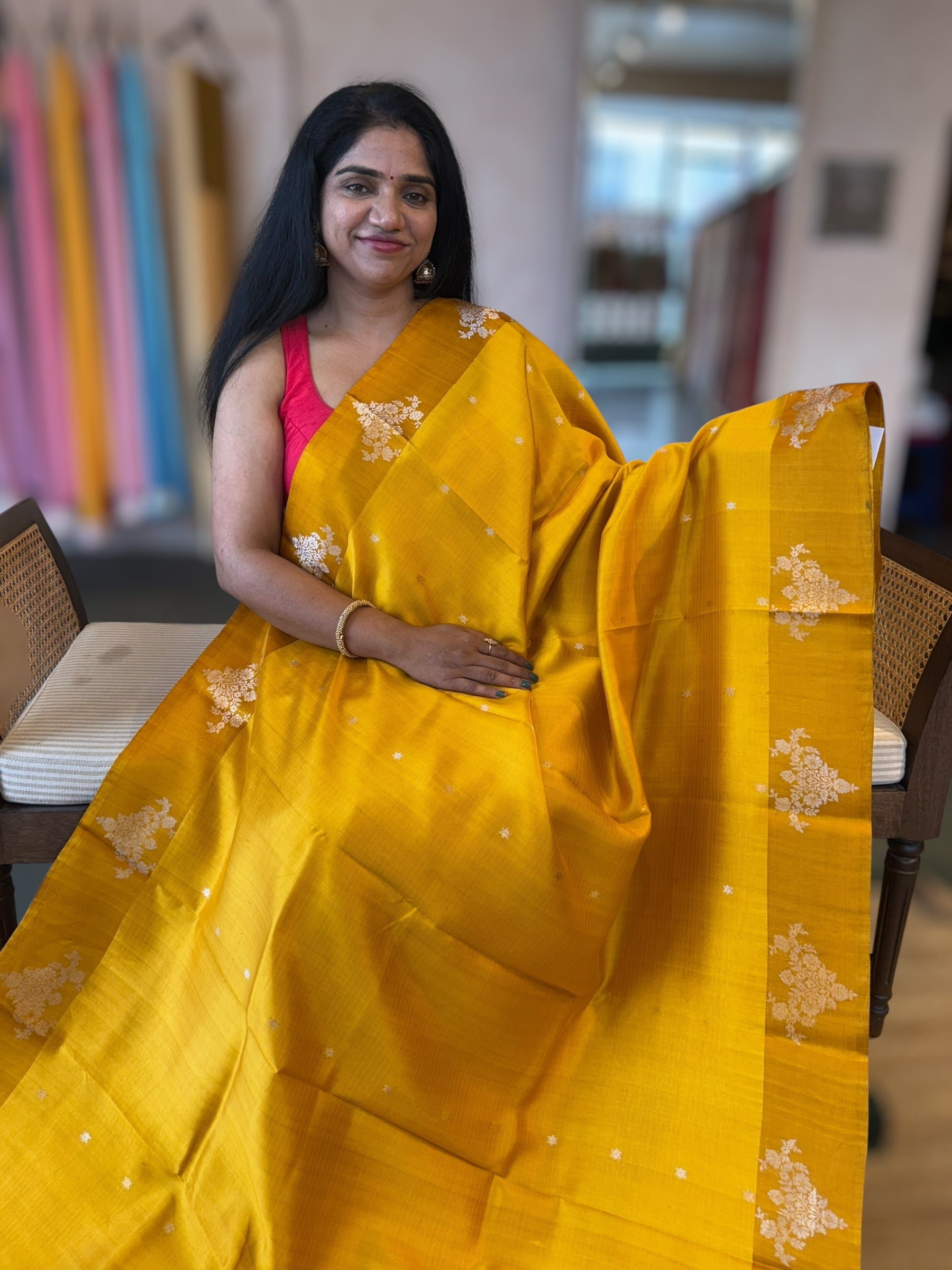 Mustard Yellow Banarasi Raw Mango Silk Saree with Open Borders & Kaduwa Weaving