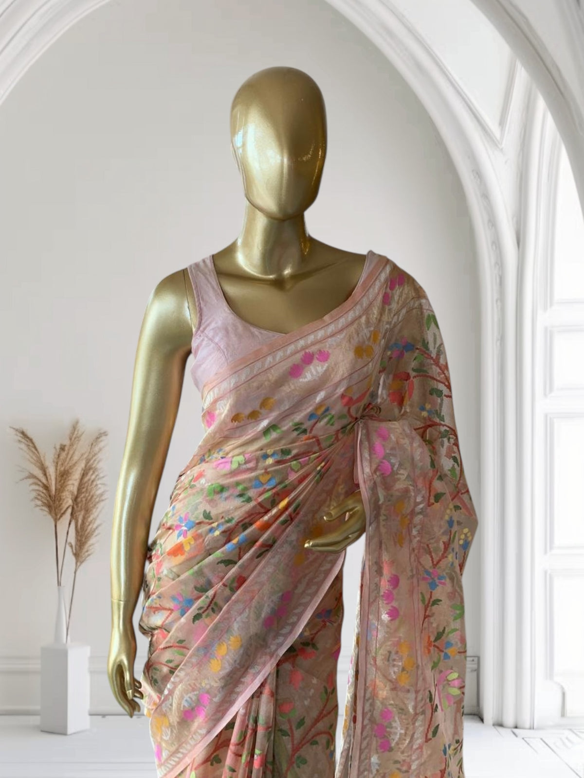 Peach Real Zari  Banarasi Tissue Jamdani Saree