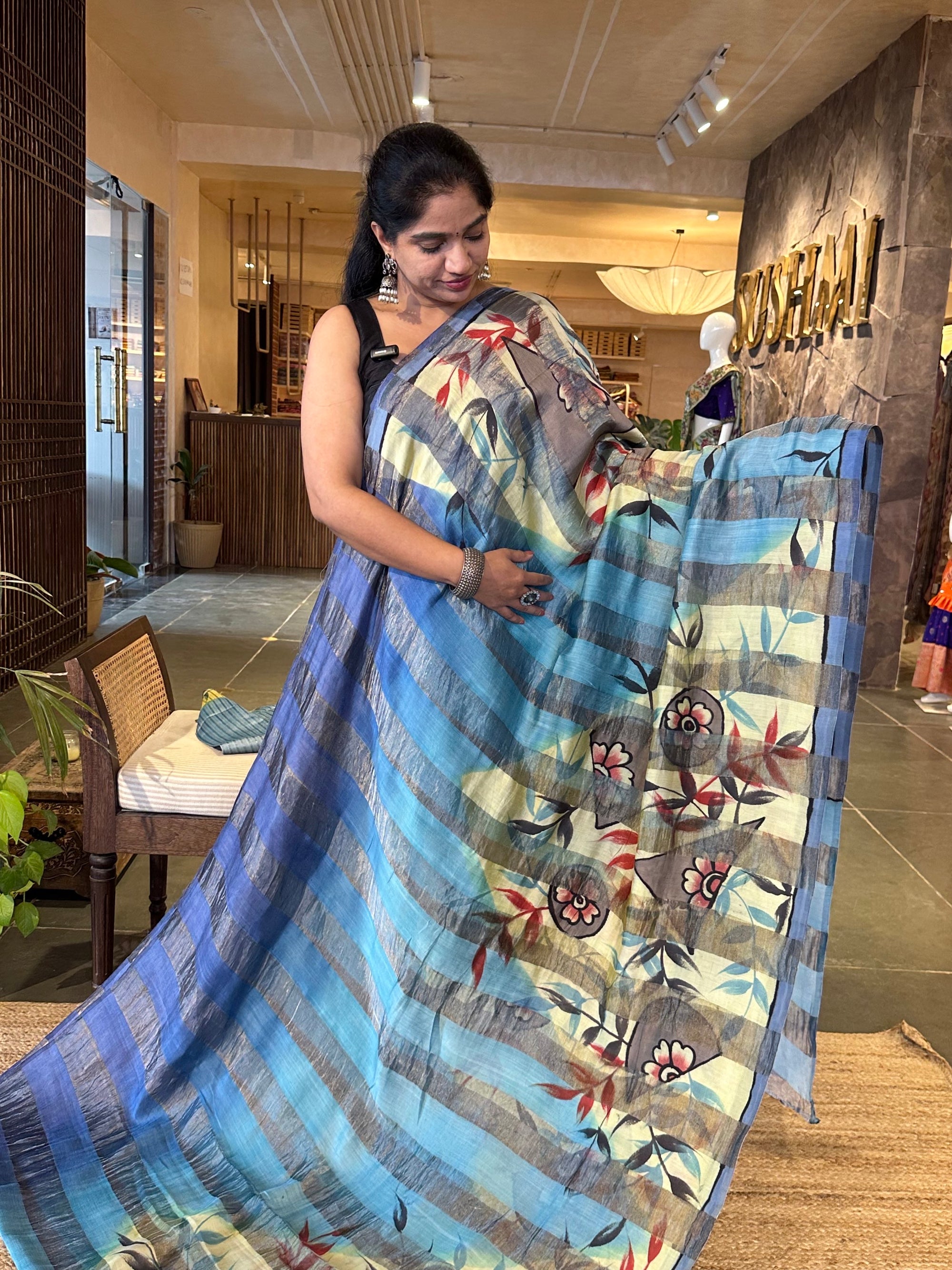 Pure Handloom Banarasi Munga Tissue  Saree with handpainting