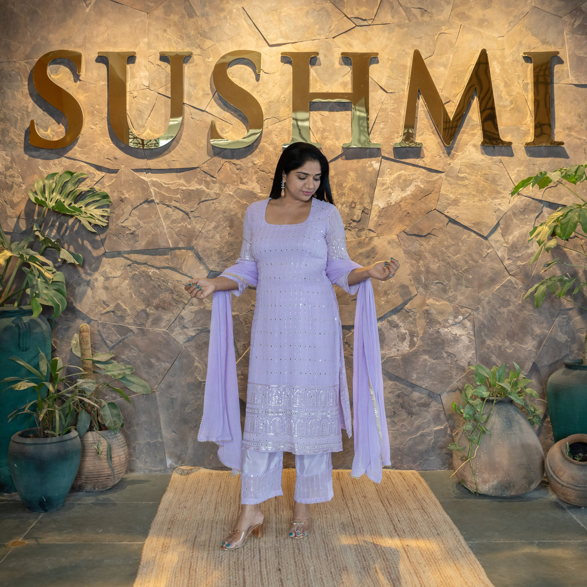 Gorgette Mirrorwork Chikankari 3-PC set