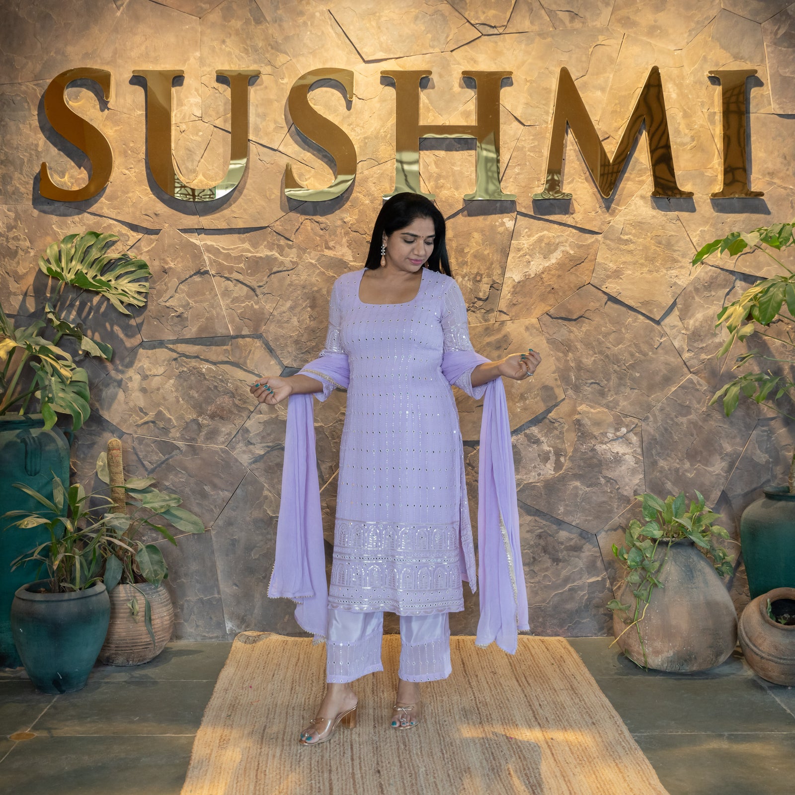 Gorgette Mirrorwork Chikankari 3-PC set