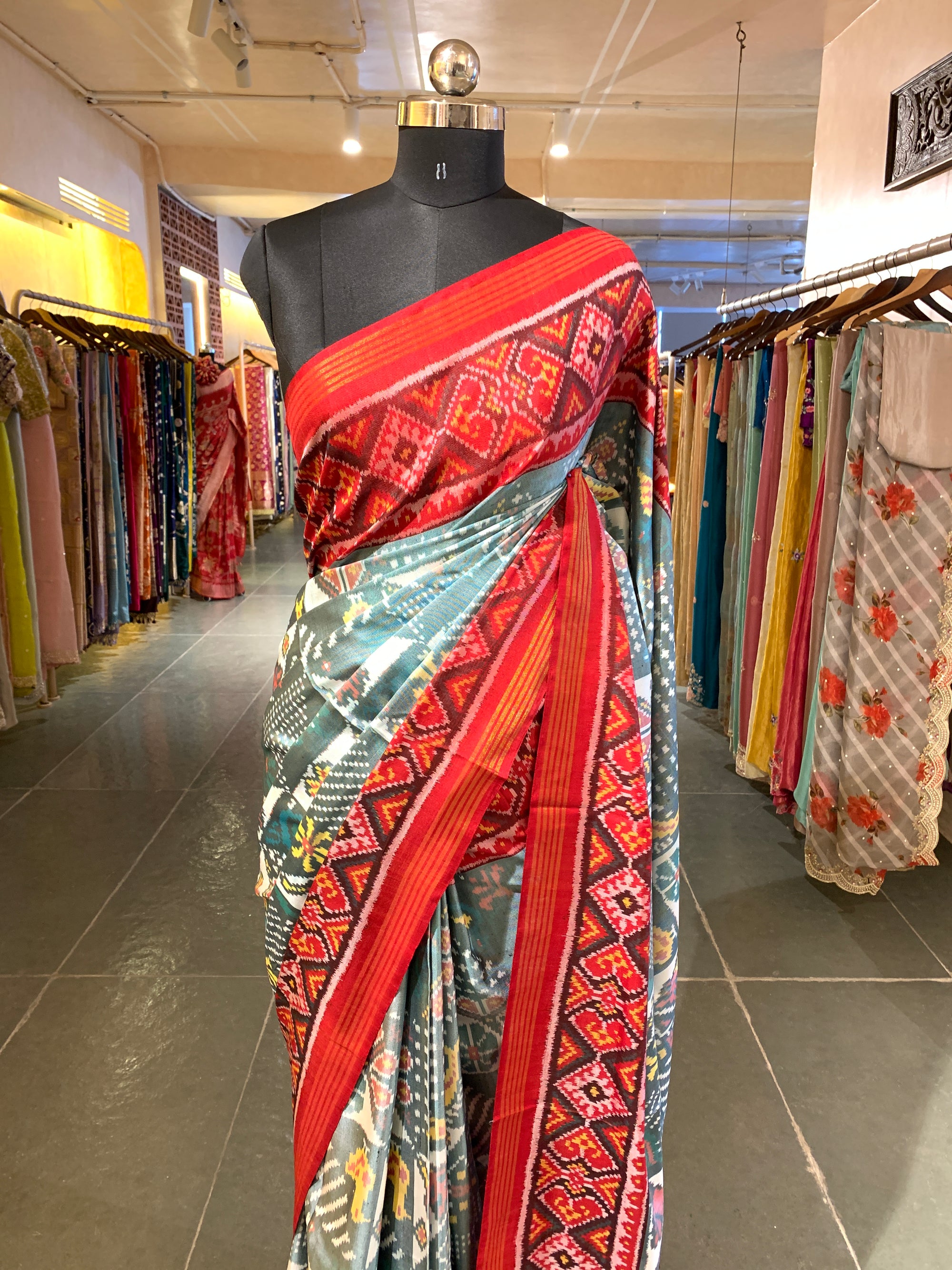 Light Blue and  Red Combo Pure Patan Patola Saree with Unique Concept Body