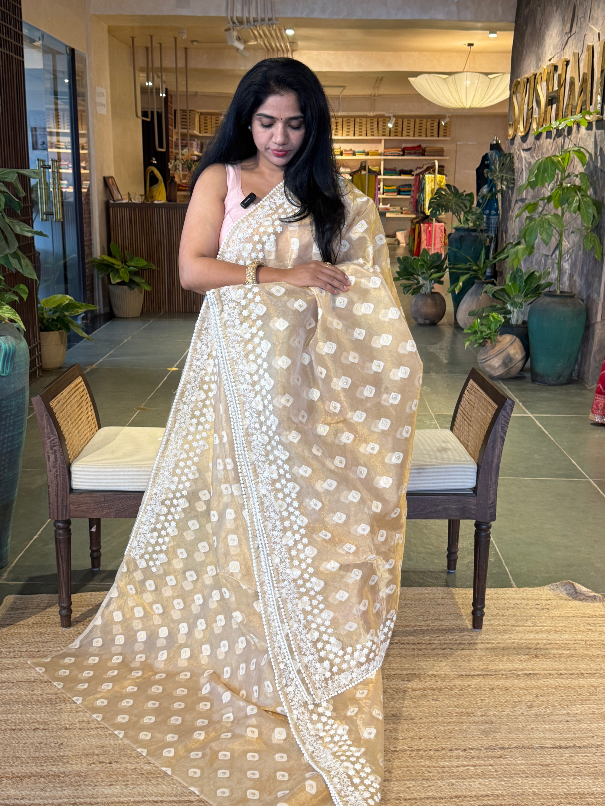 GTEA2003 : Pure Handloom Gold Tissue Saree With handwork borders