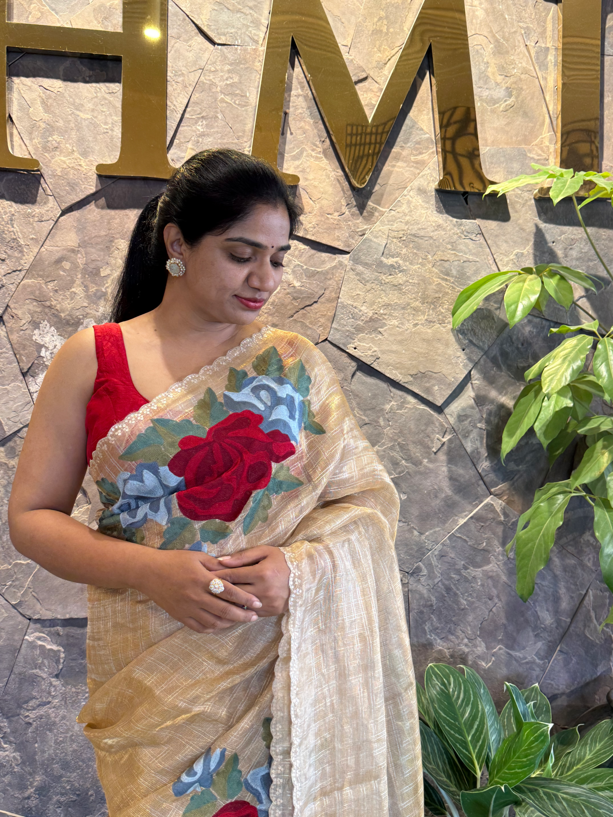 Gold Banarasi Tissue Saree with Silver Checks & Big Statement Floral Embroidery