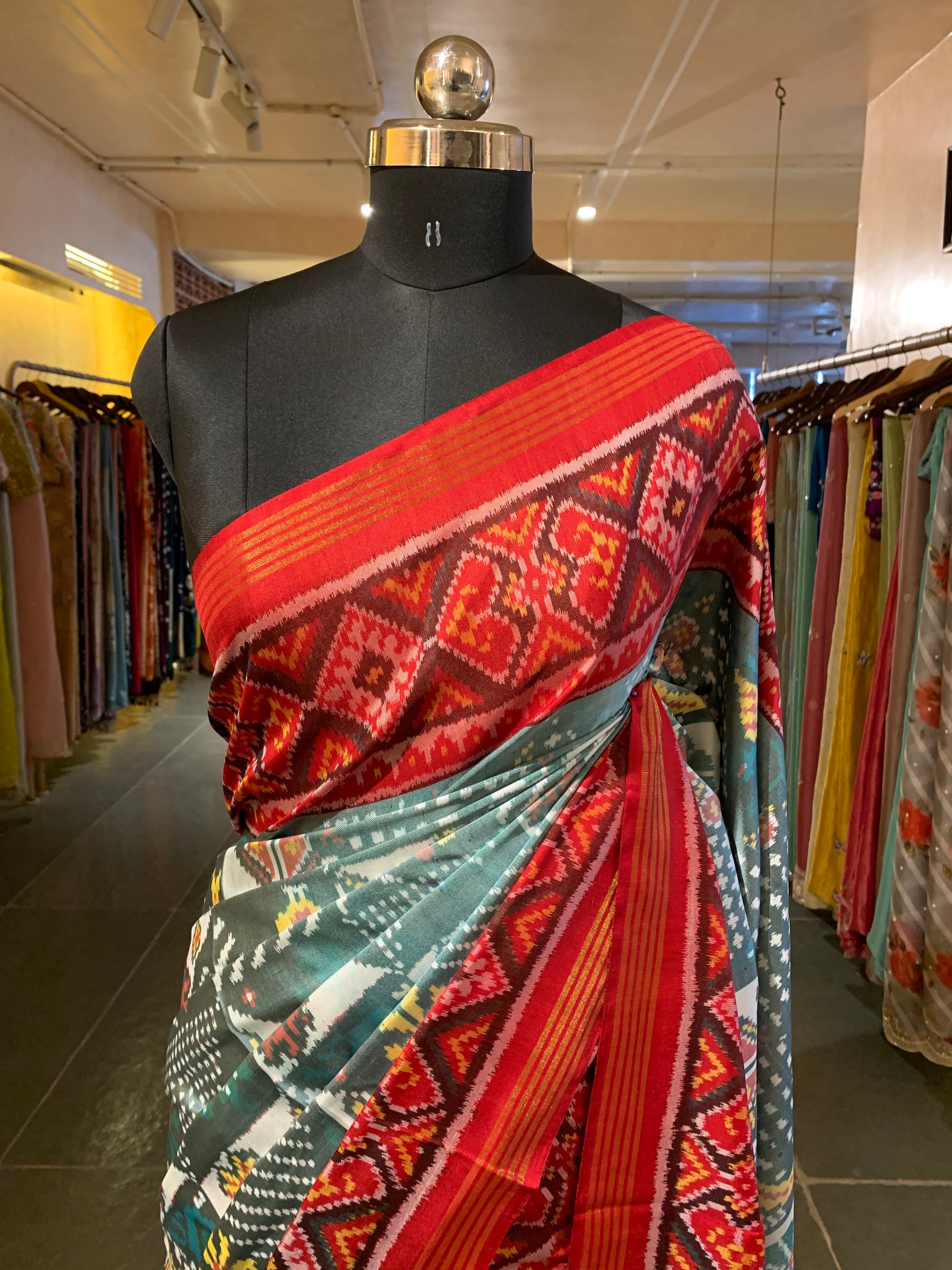 Light Blue and  Red Combo Pure Patan Patola Saree with Unique Concept Body
