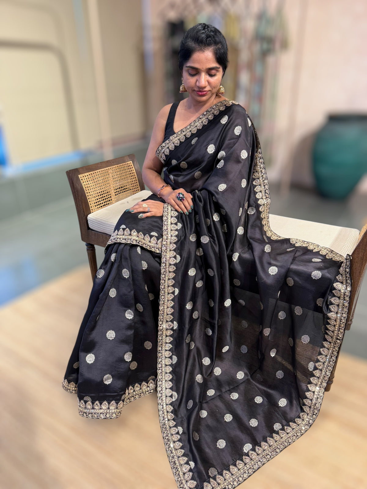 Black Pure Handloom Banarasi Silk Saree With Handwork Borders and Blouse