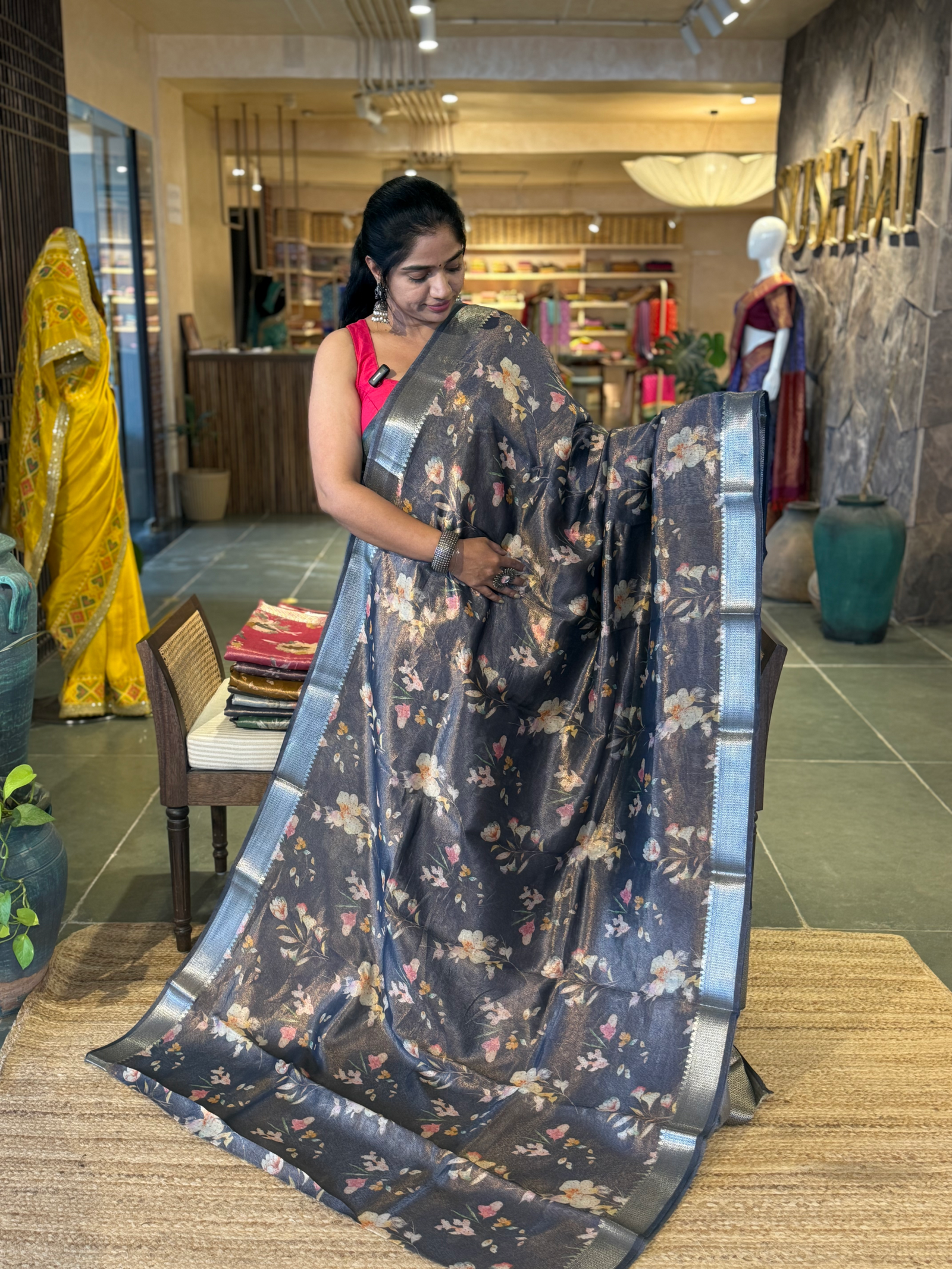 Midnight blue Banarasi Floral Printed Cotton Tissue with brocade pallu & blouse