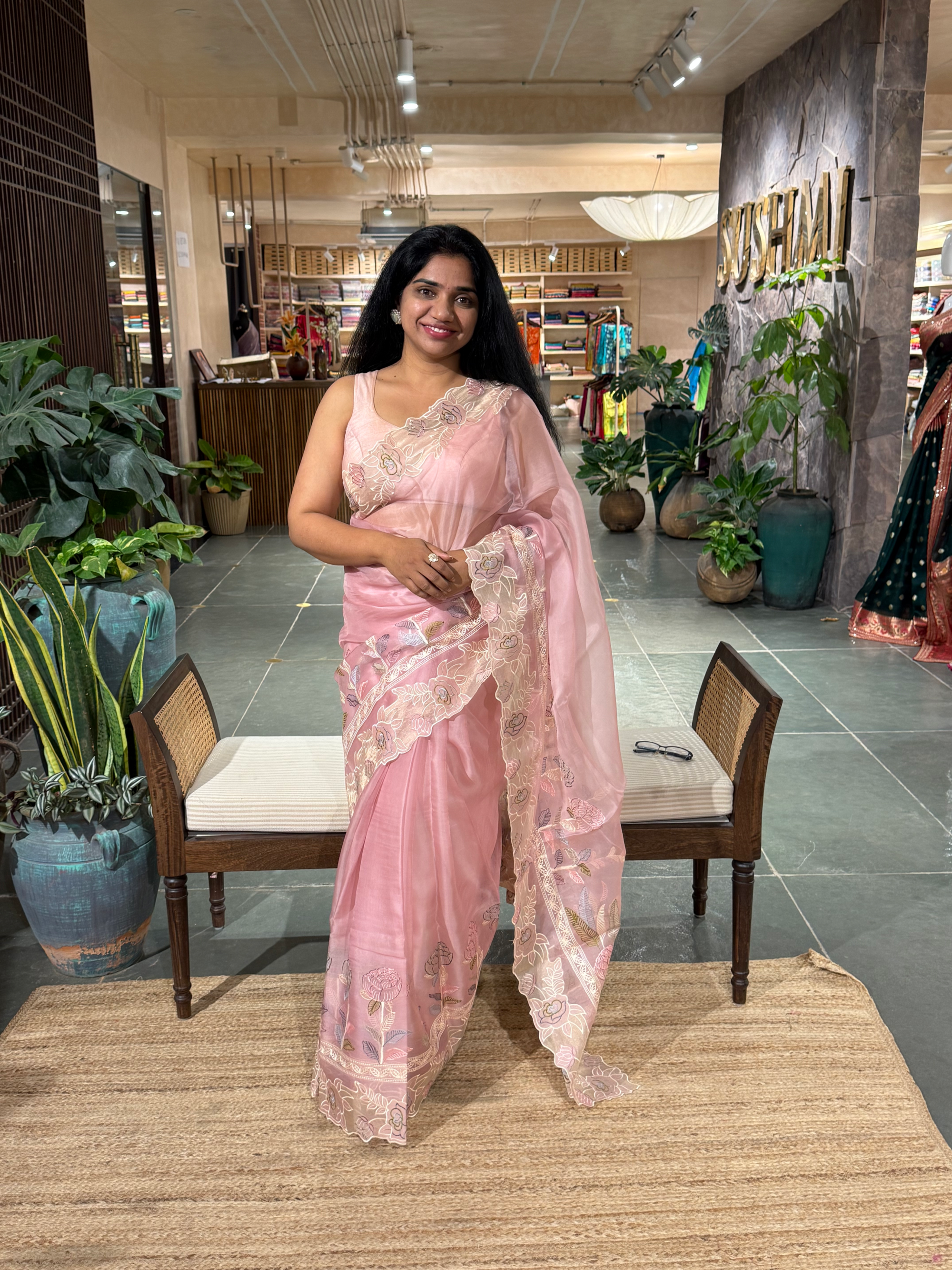 Blush Pink Pure Organza Saree with embroidered and cutwork borders