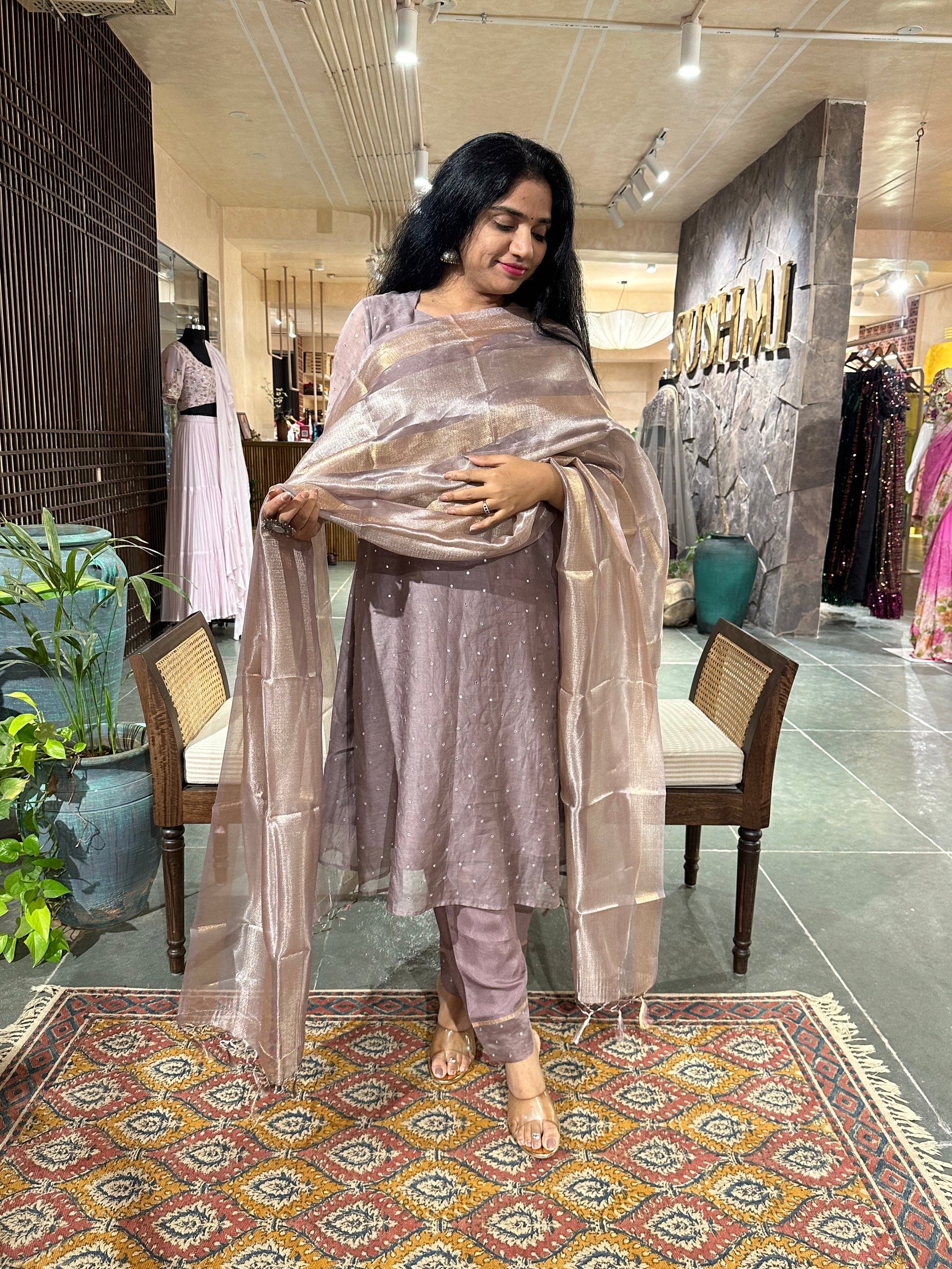 Earthy Tone pure Chanderi Silk 3 pc sticthed suit with mirror work
