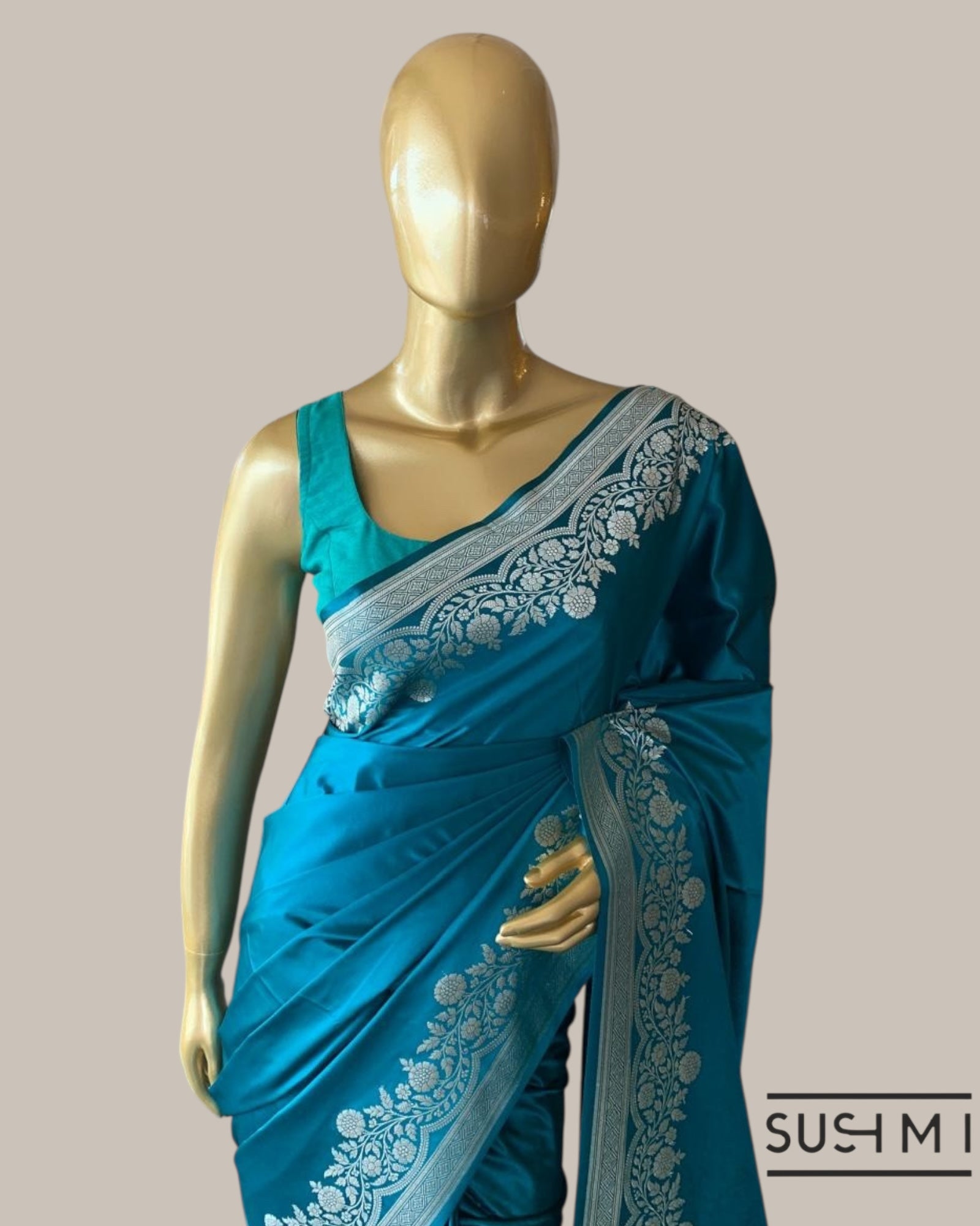 Peacock Blue Mashru Silk Saree With Staright and  Scalloped Border