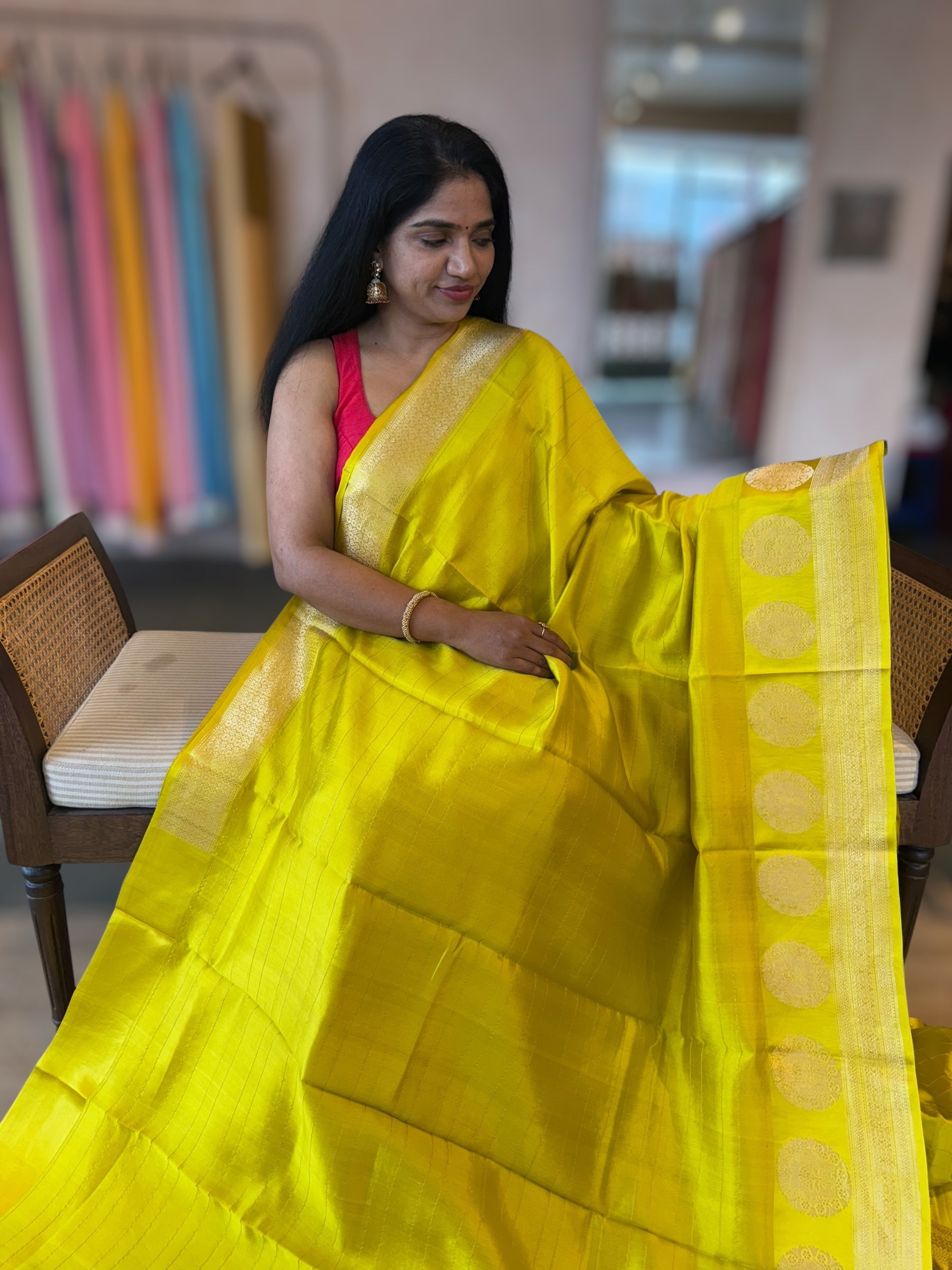 Neon Green Banarasi Raw Mango Silk Saree with Open Borders & Kaduwa Weaving