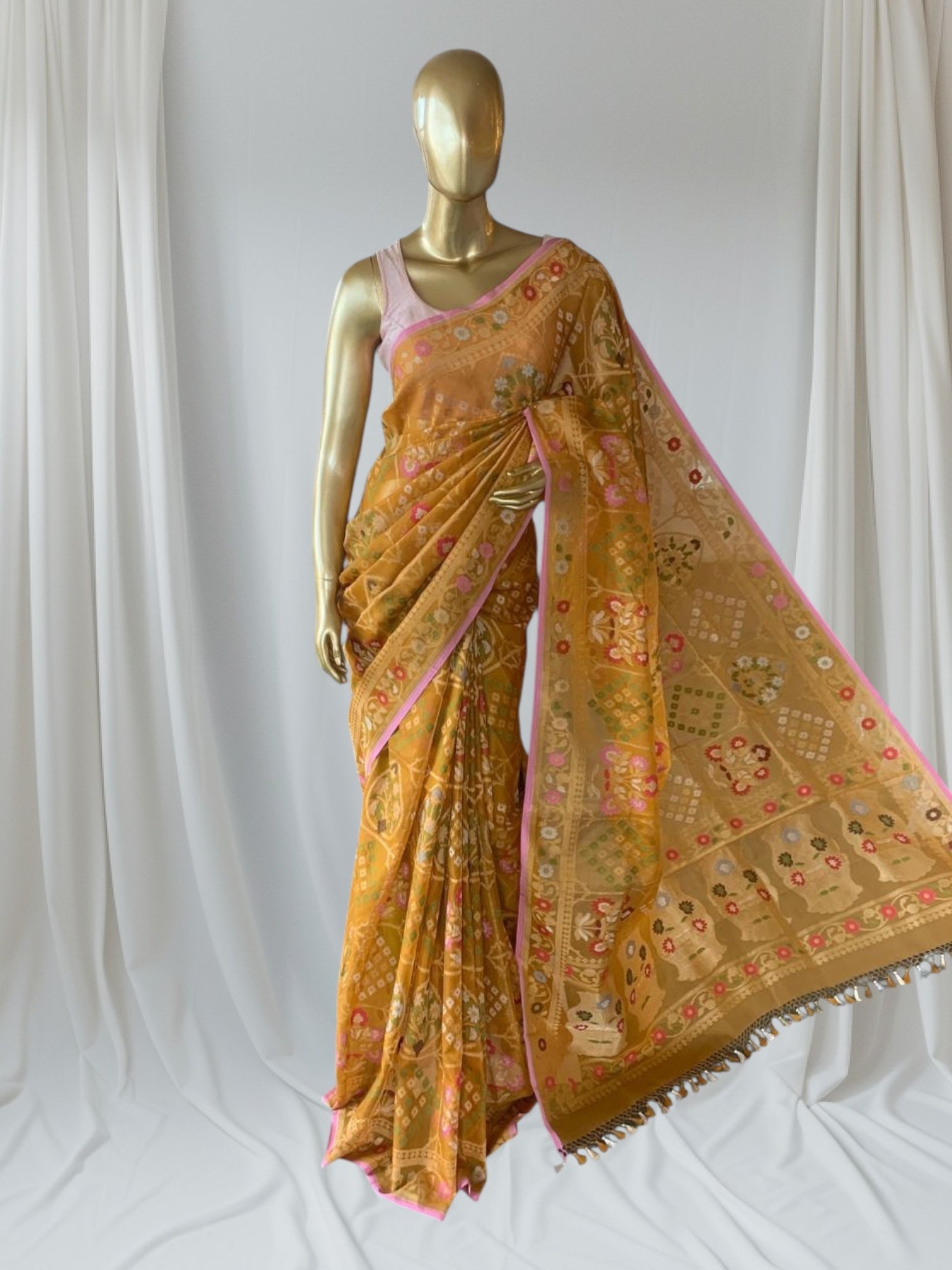 Mustard Banarasi Handloom Kora  Cut Jamdani Saree With Allover Meenakari