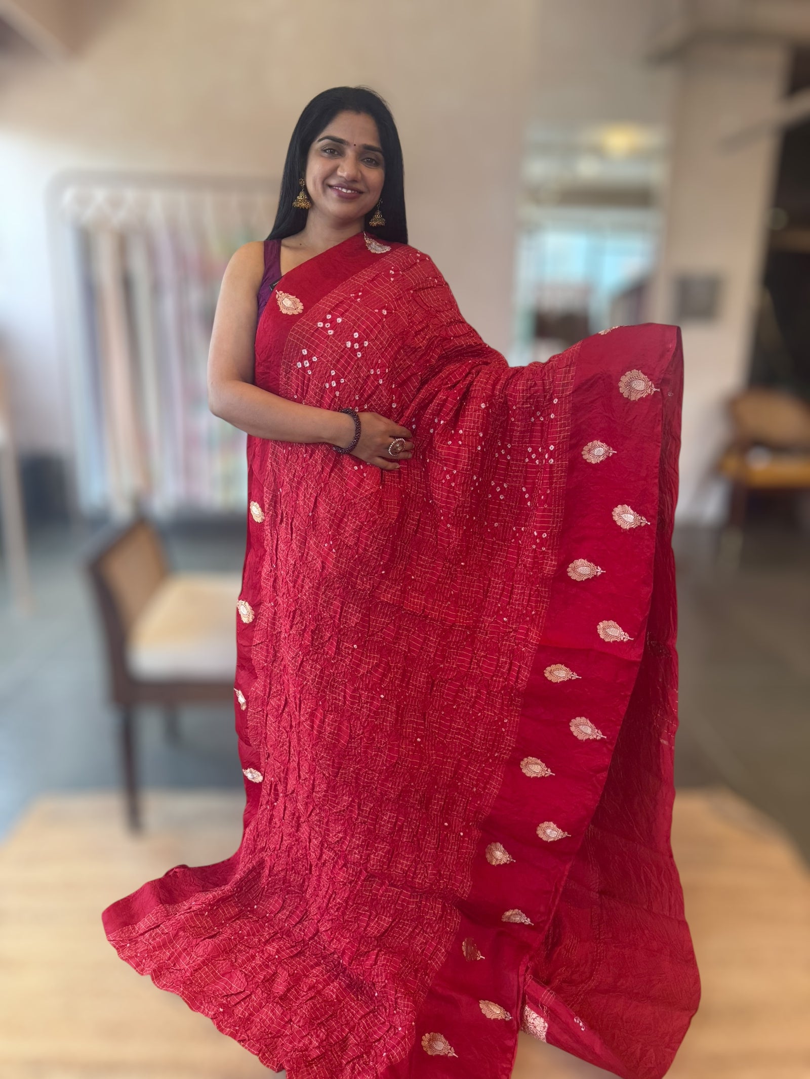 Chilli Red Banarasi Bandhej Silk Saree With Kaduwa Woven Open Mashru Borders