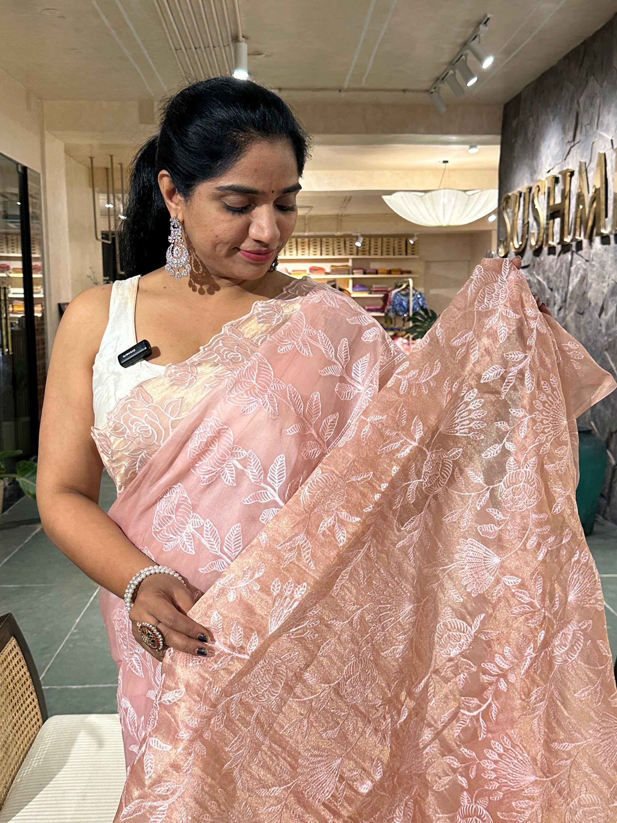 Blush Pink Pure Organza heavy  cutwork embroidered border saree