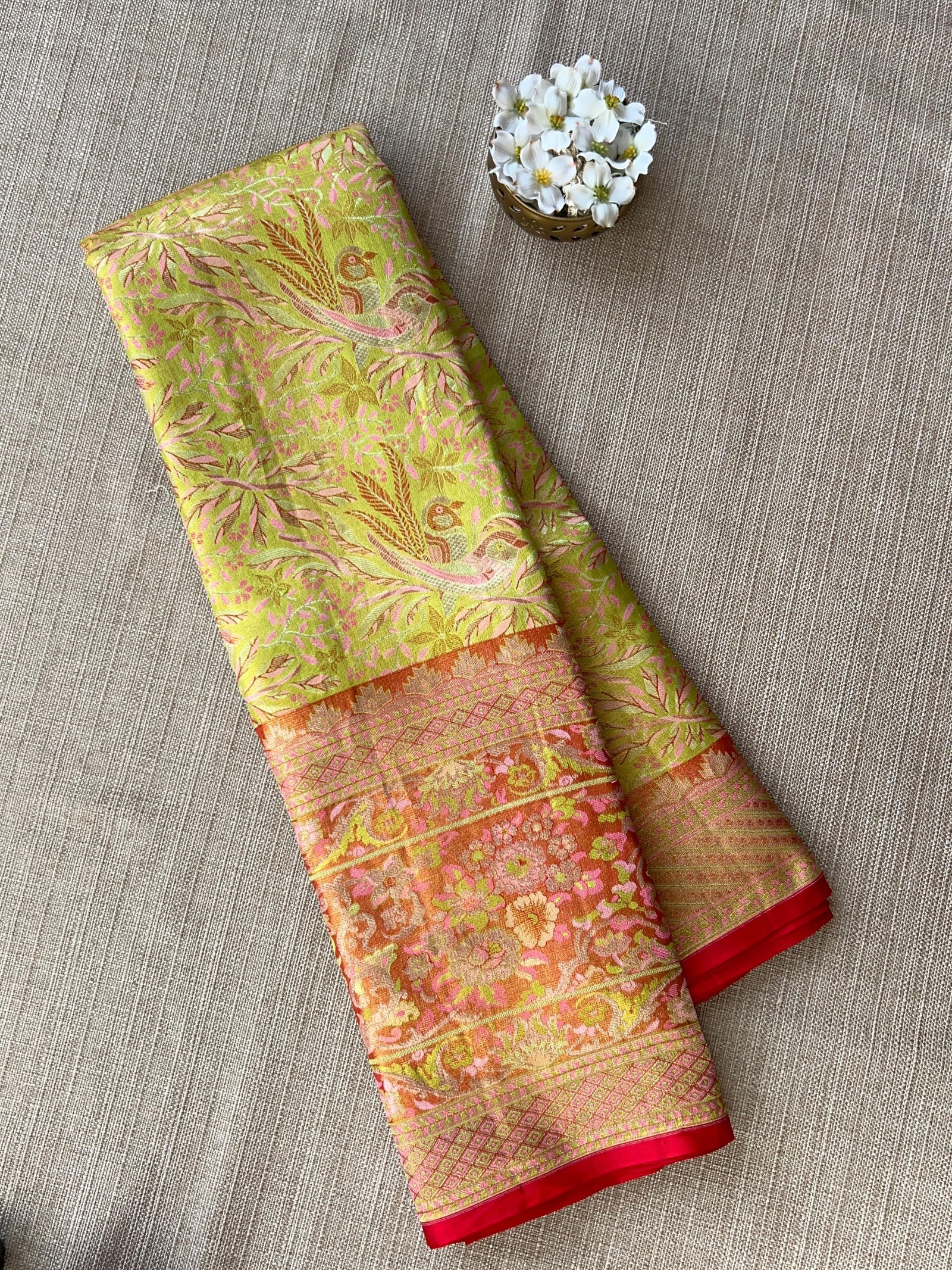 Lime Green & Red Combo Pure Kanjeevaram Meenakari Saree