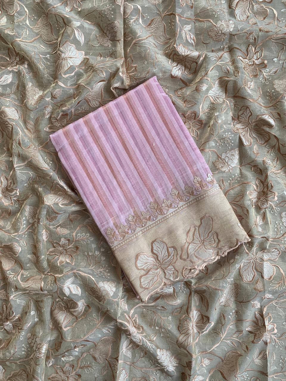 Lilac Pink Mul Tissue Stripes Saree With Tissue Cutwork  Border & Blouse