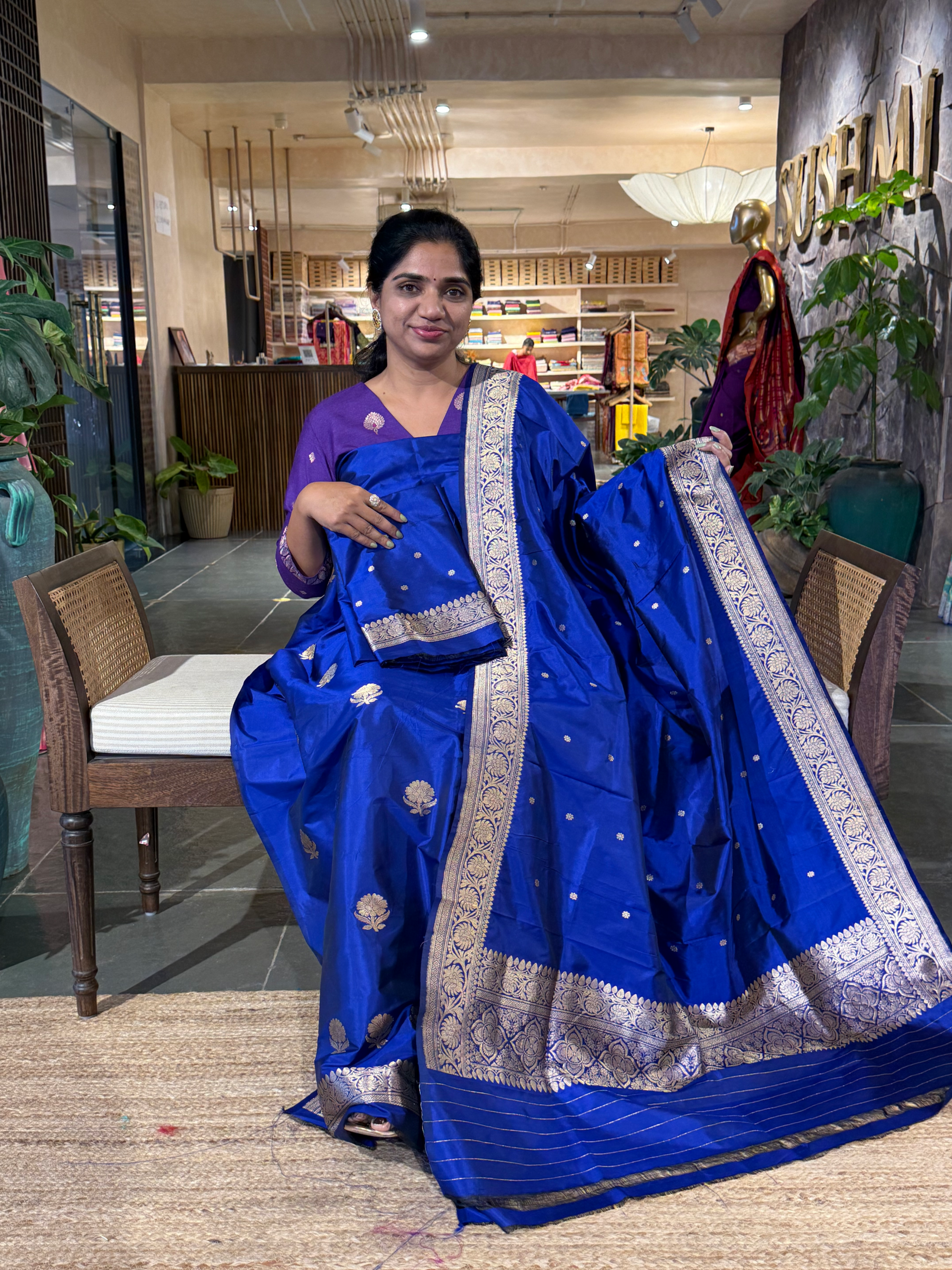 Royal BluePure Handloom Katan Silk  3 pc Suit Set with  kaduwa weaving