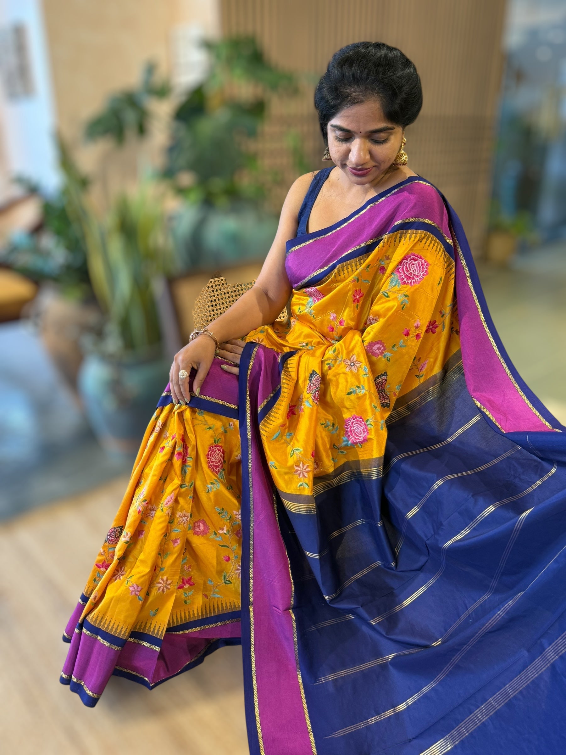 Kanchi Gap Border Saree With Allover Petite Point Embroidery