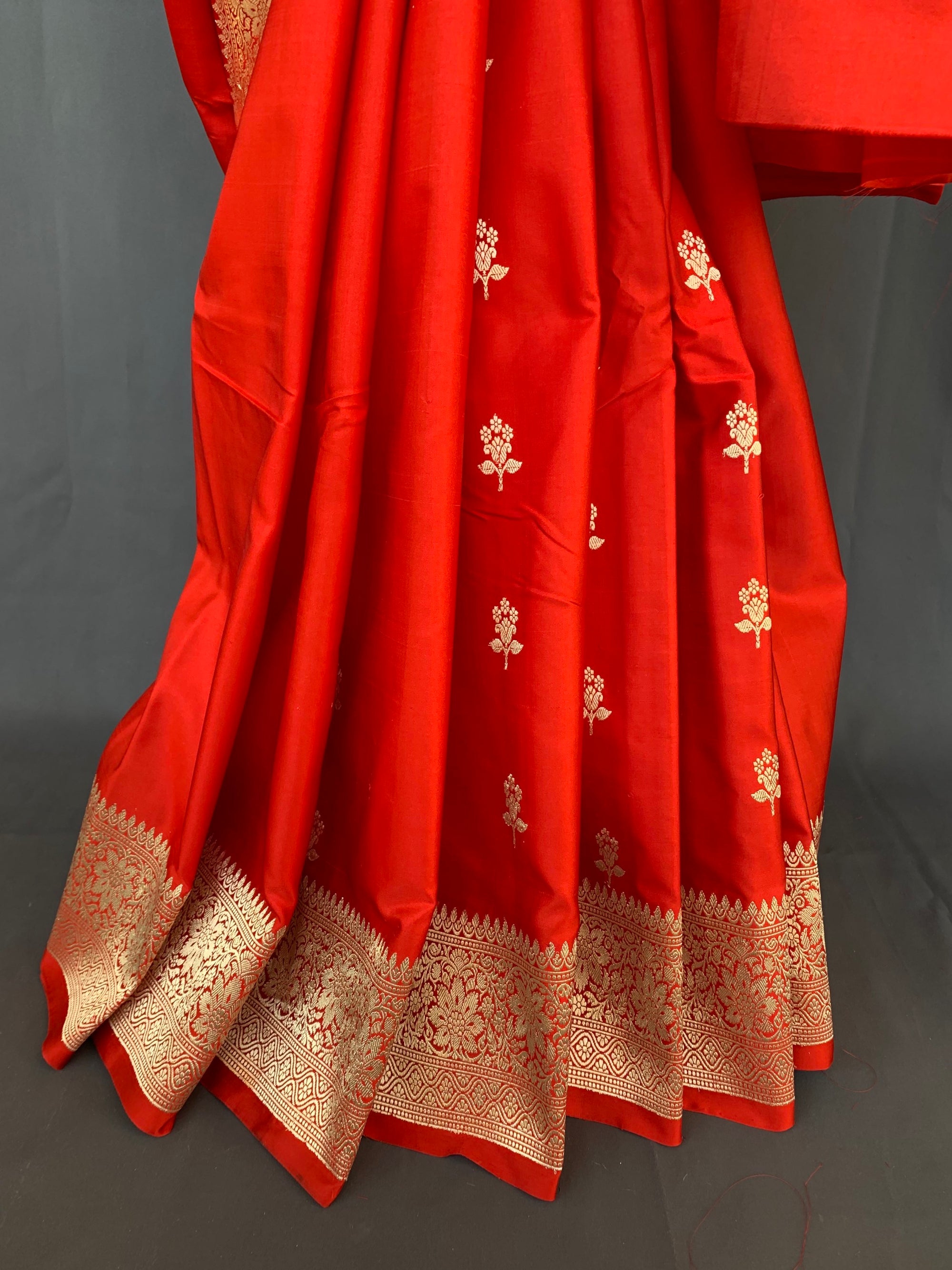 Orangish Red Pure Banarasi Handloom Mashru Silk Saree