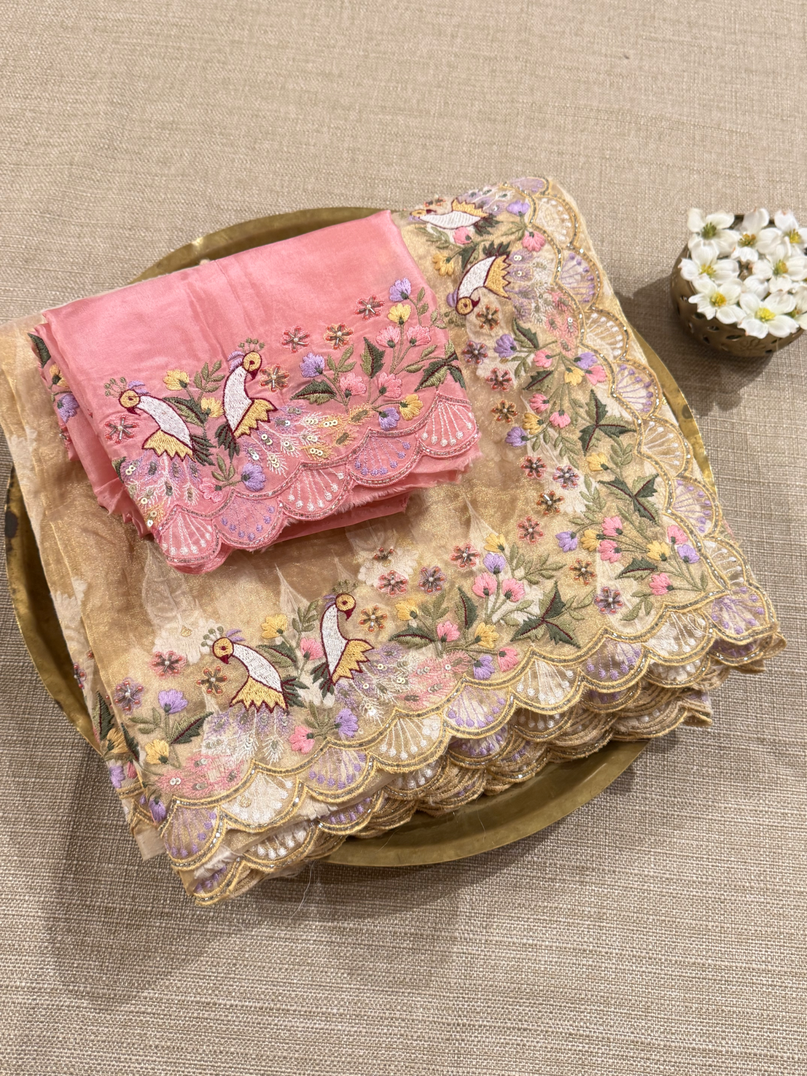 GTEA2002 : Pure Handloom Gold Tissue Saree With handwork borders and blouse