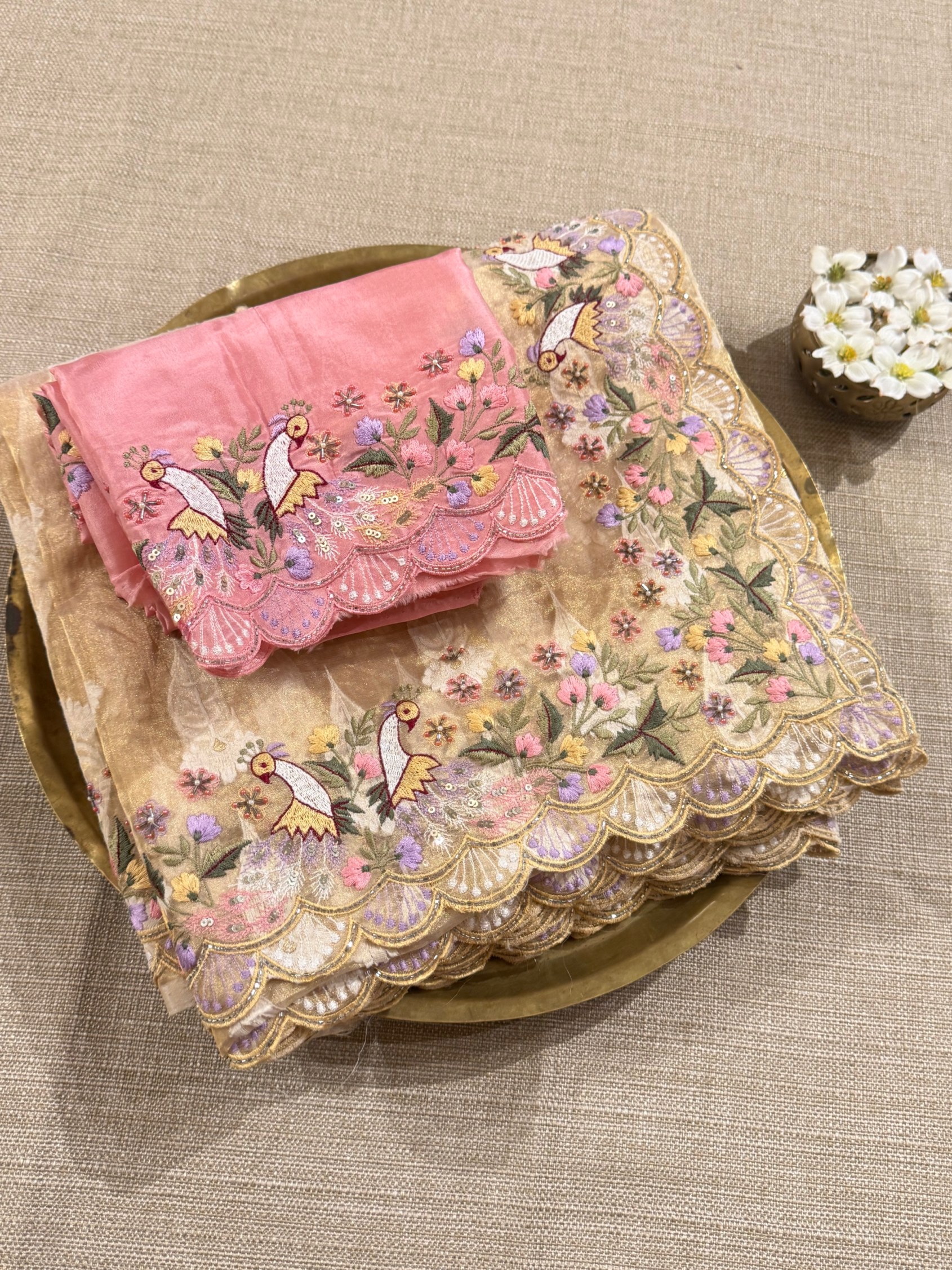 GTEA2002 : Pure Handloom Gold Tissue Saree With handwork borders and blouse