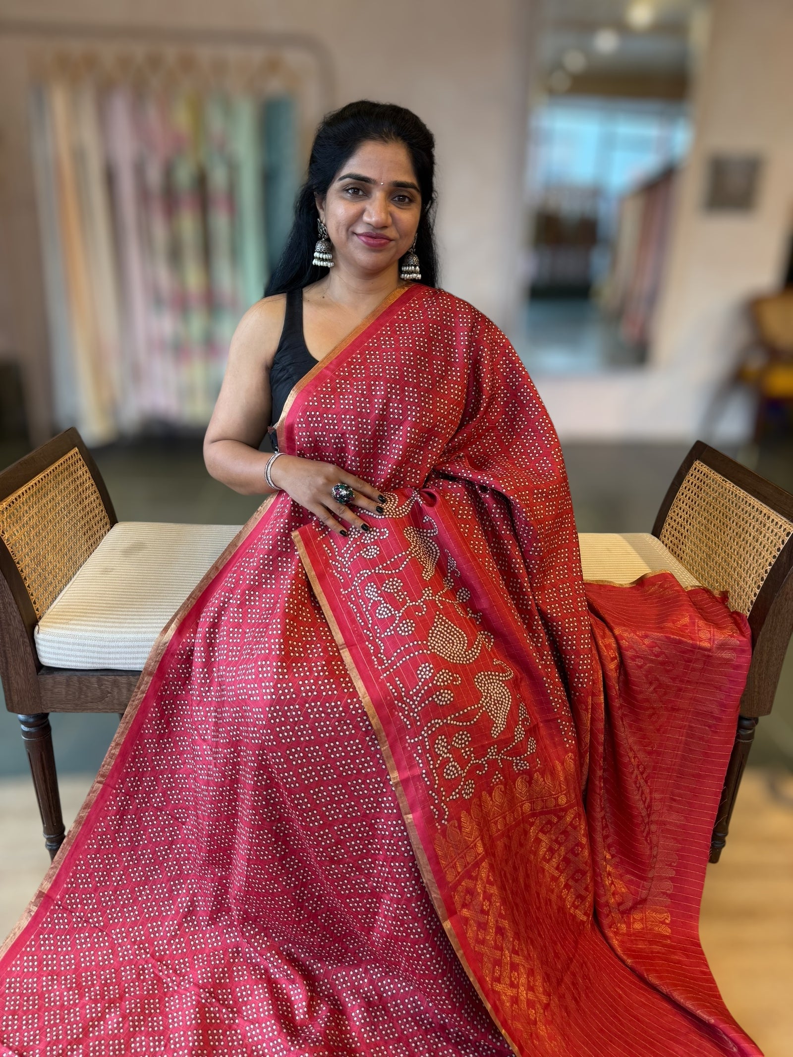 Tomato Red Kanchi Soft Silk Zari Checks Saree with Bandhini Print