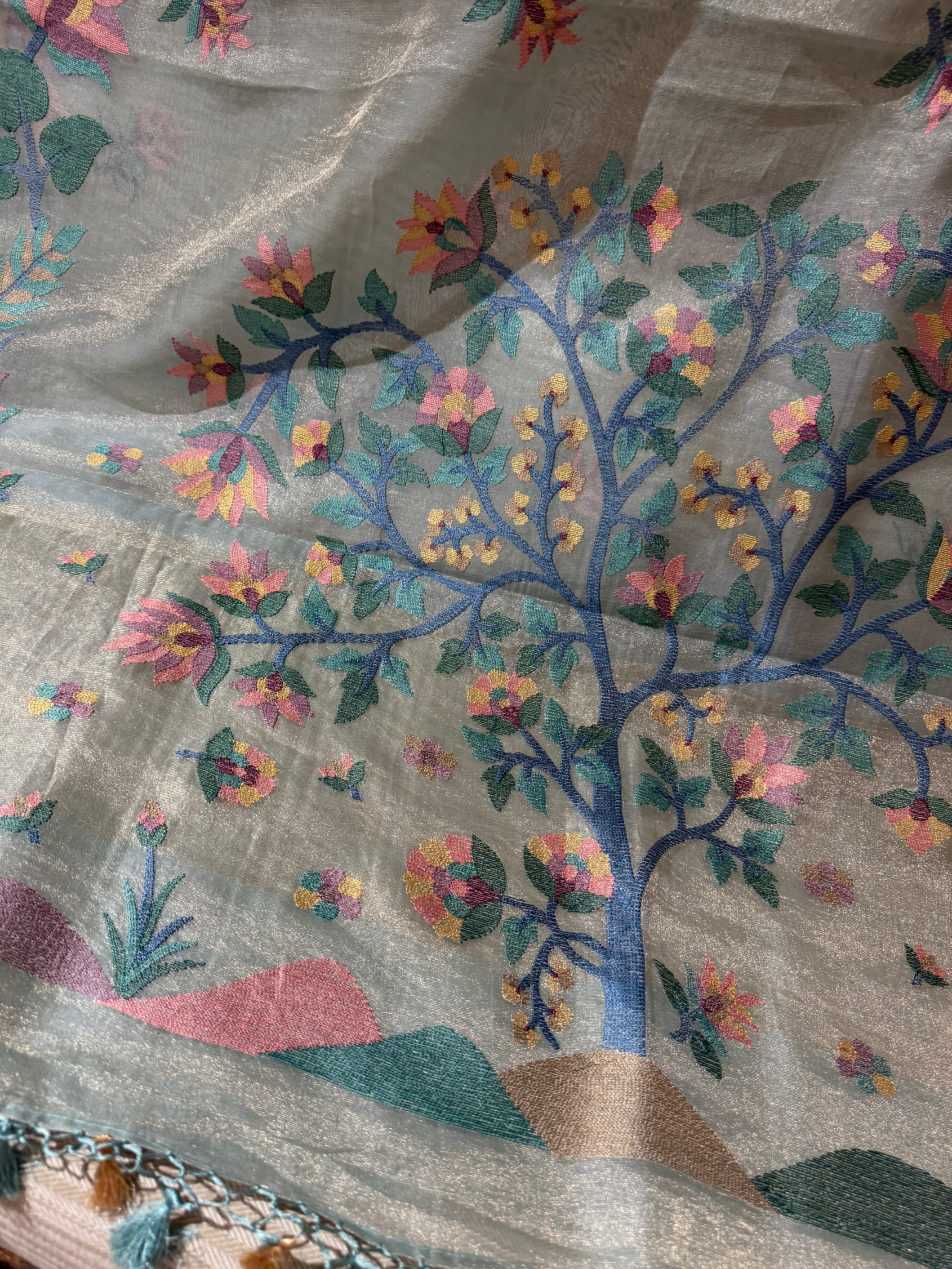 STJA209 :  Light Sea Blue Tissue With Jamdani Look Embroidery