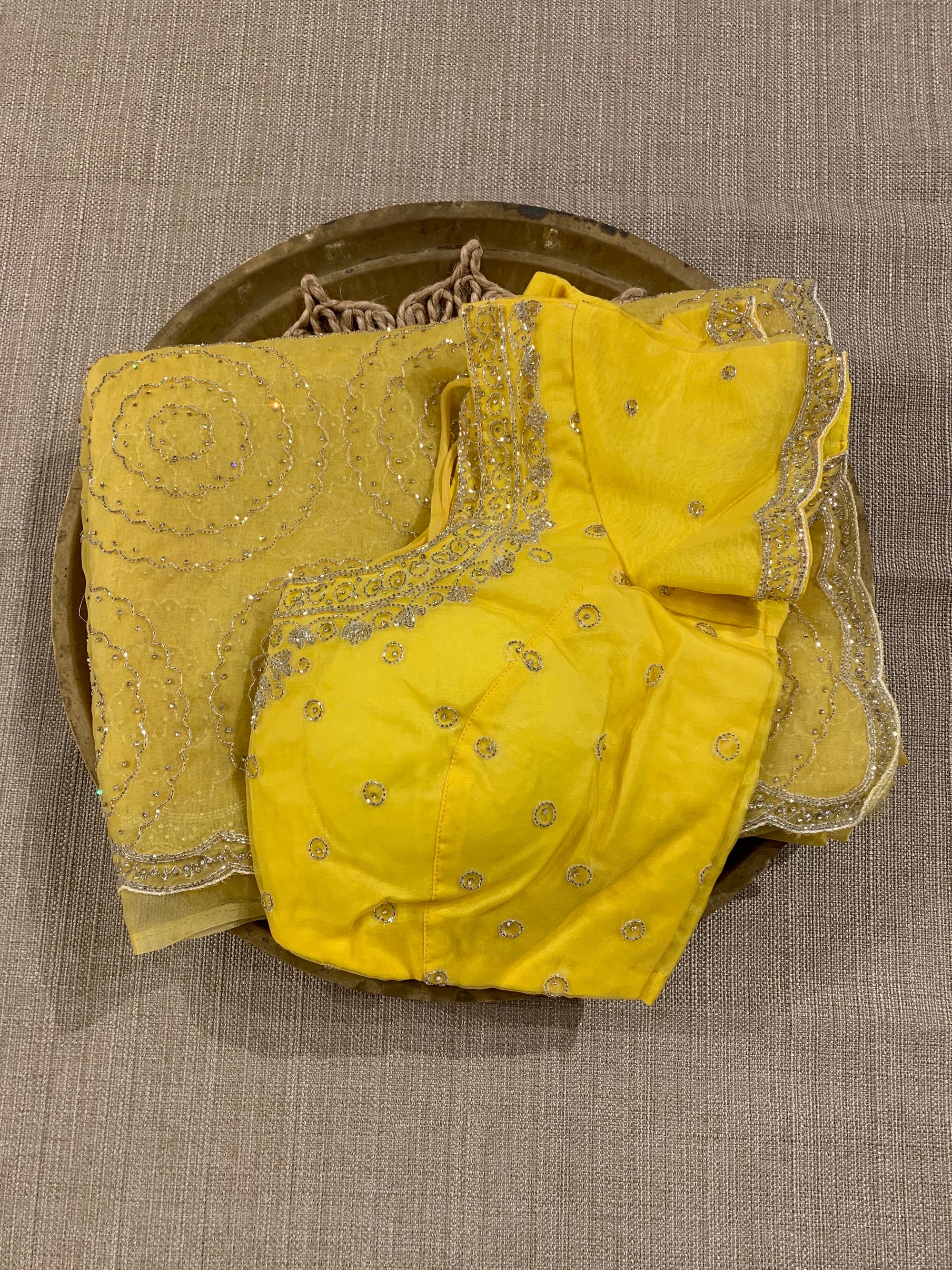Yellow Organza Cocktail Saree with allover handwork