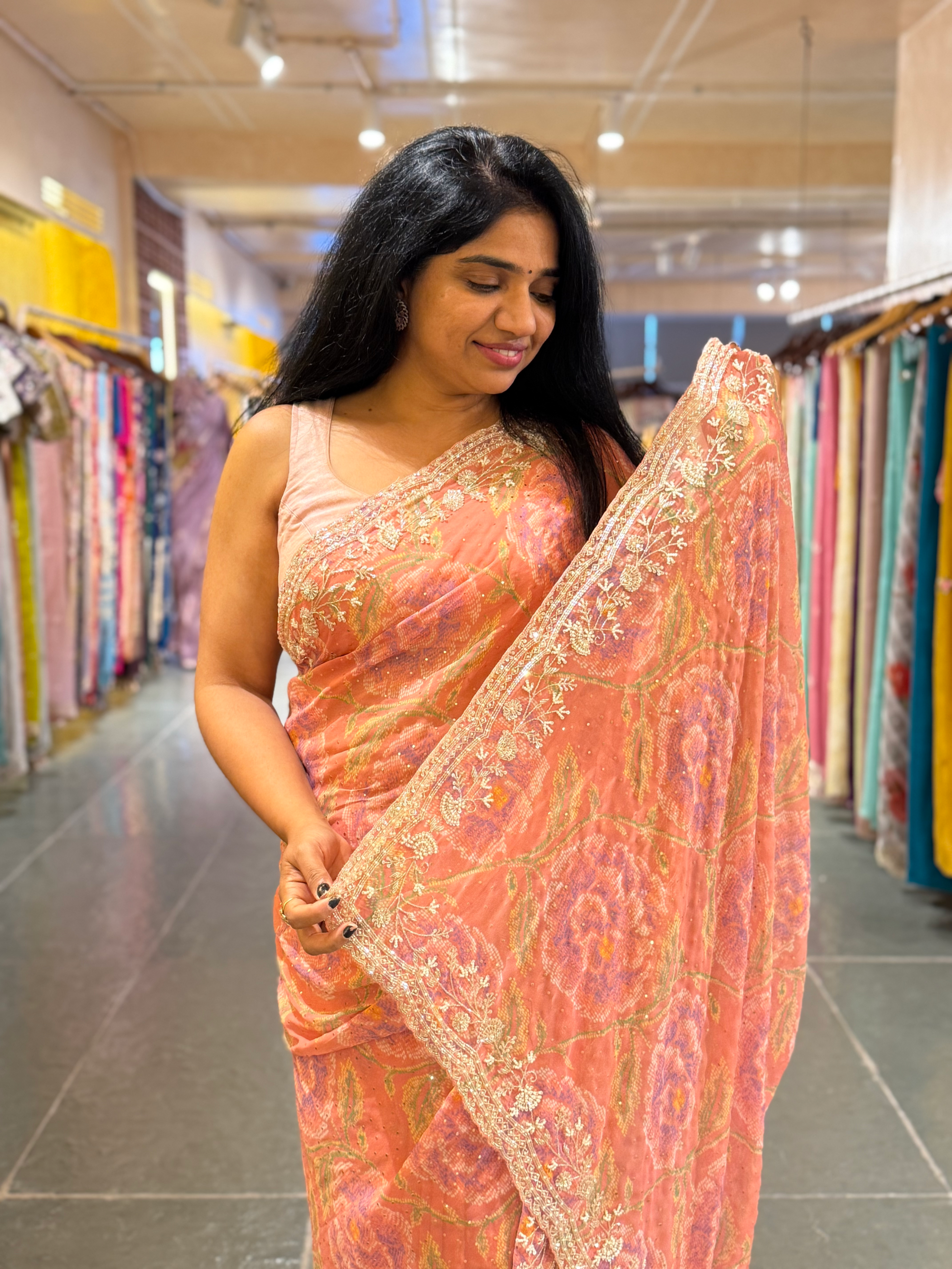 Peach Pink Pure gorgette printed Saree with handwork