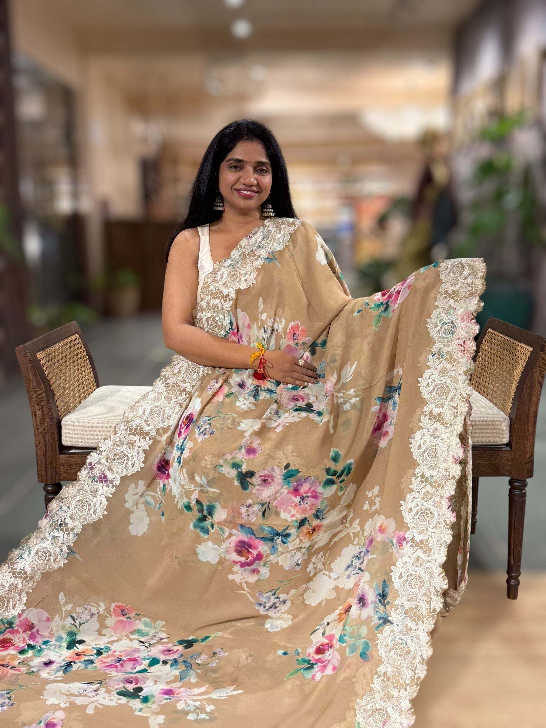 Onion Pink Gorgette  Saree With Chatilly Lace Style Cutwork embroidered Border